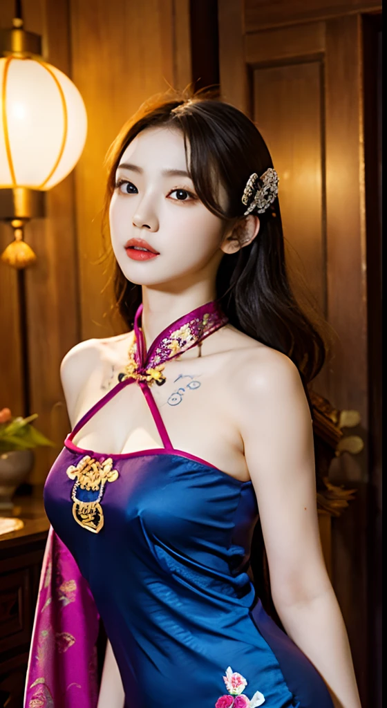 A high resolution,ultra real detailed,Realistic graphics,Ultra-clear image quality,A woman in a cheongsam,Beautiful and moving,Colorful long classical cheongsam,Chinese woman,Delicate facial features,Excellent figure,S-shaped curve,Smooth legs,Long white legs,full-body portraits,The camera looks up,Classical Chinese courtyard,Dim the lights of the palace