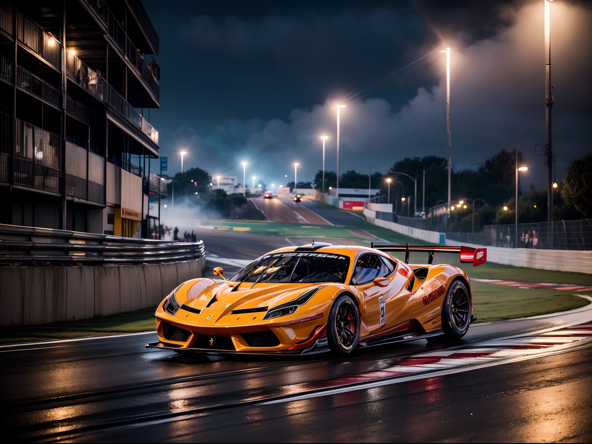 arafed image of a (ferrari hypercar:1.4), (8k, RAW photo, best quality, masterpiece:1.2), (realistic, photo-realistic:1.37), (full body:1.3) (detailed), (highres), ultra realistic, hyperrealistic, high detail RAW color photo of (ferrari hypercar:1.4), high angle shot front view ferrari hypercar driving on a race track, stormy weather, (wet:1.2), (water dust:1.2), 8k uhd, high quality, motion blur, depth blur, cinematic, filmic image 4k, vibrant color, (reflections),(ferrari) race car,(race car:1.4),(endurance race car:1.4),at night, lights, High Detail, Sharp focus, (photorealism), realistic, best quality, 8k, award winning, dramatic lighting, epic, cinematic, masterpiece, rim light, ambient fog:1.3, dutch angle, depth of field,8k uhd, high quality, motion blur, depth blur, cinematic, filmic image 4k, vibrant color, (reflections),spoiler, GT3 race car, WEC endurance cars,rollcage,sponsors,livery, sponsored livery,lights turned on,motion blur,closeup,commercial photography