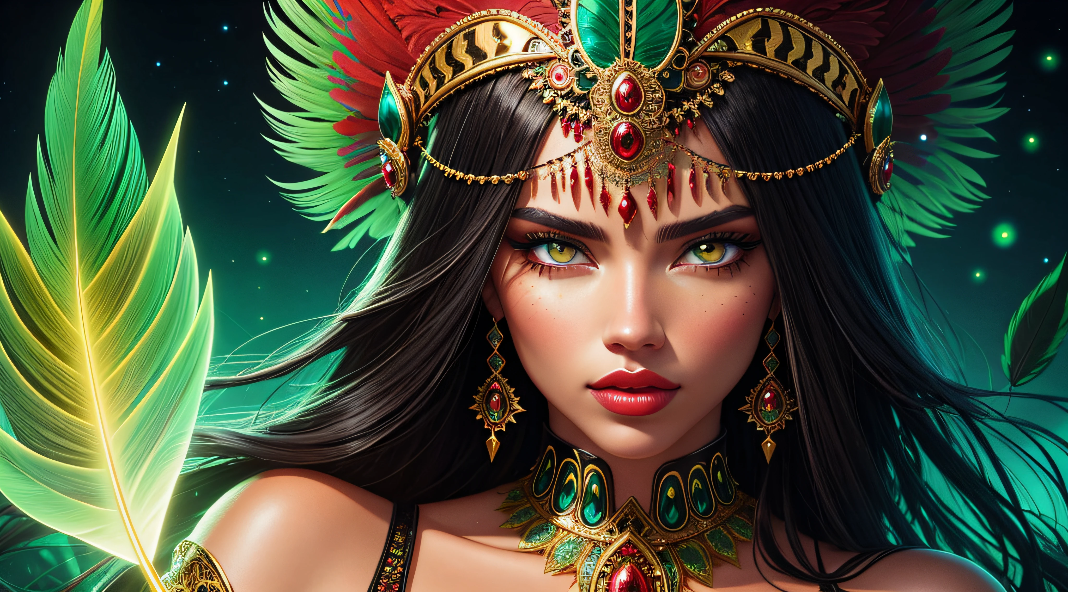 there is a woman (Adriana Lima :1.1) red lips, green eyes with a feather headdress and a feathered eye, made of glass and gold intricate digital painting, intricate eyes, stunning digital illustration, 4k highly detailed digital art, intricate artwork. neon eyes, digital painting | intricate, magical eyes, overdetailed digital art, mystical eyes, elaborate digital art, dark but detailed digital art, intricate wlop, intricate eye detail focus, STYLE DMT