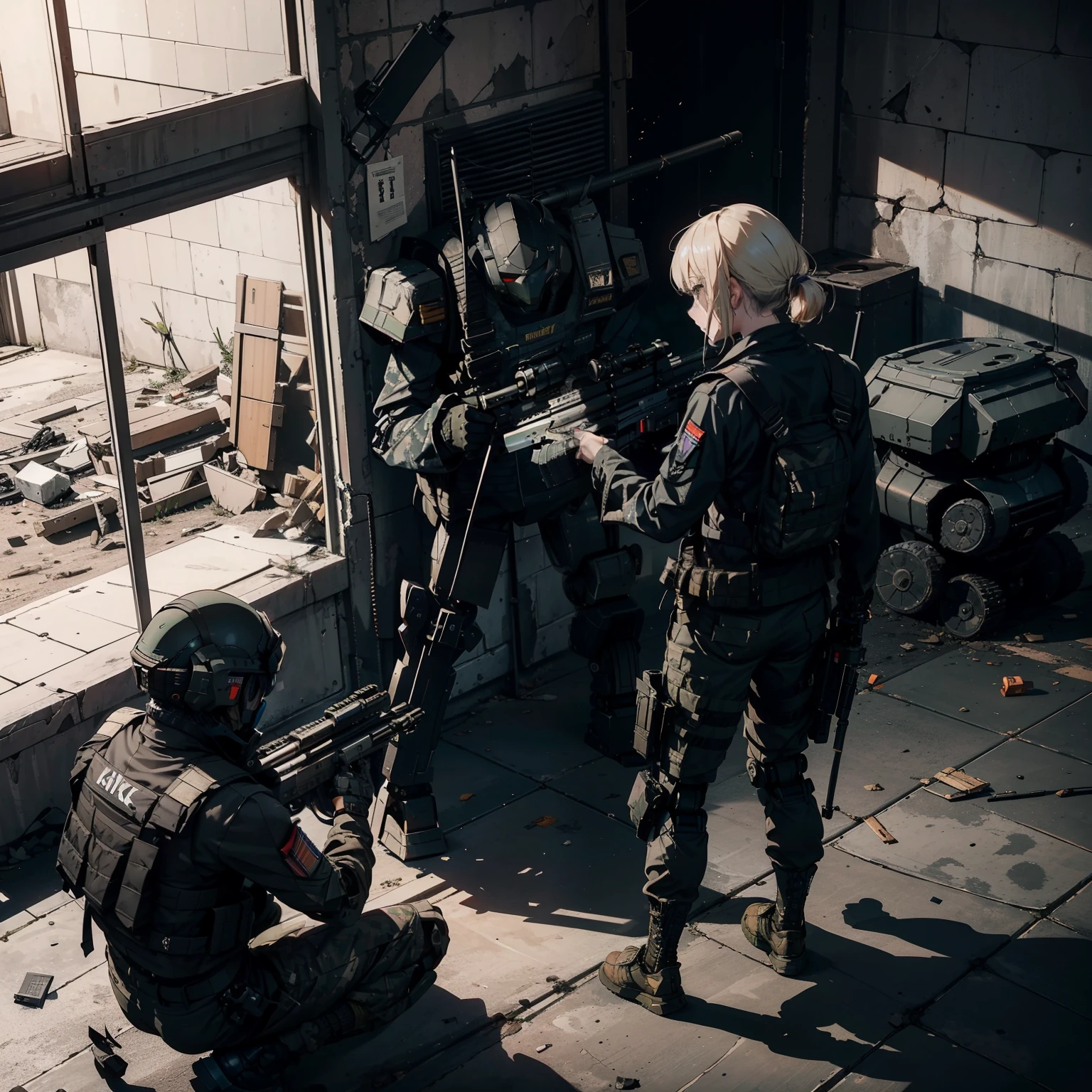 (Rifle shooting:1.4)、(Destroy military robots with sniping:1.4)、(1 healthy female sniper)、独奏:1.4、(Black combat uniform)、(platinum-blonde-hair:1.2)、Have multiple weapons、rubble、((超A high resolution))、Detail Write、masterpiece、top-quality、extremely details CG、8K picture quality、Cinematographic lighting、lensflare、(Night combat)、((Sniping from inside the building))、Hyper-detailing、The wreckage of military robots、cowboy shot:1.4、From diagonally behind、from above 、H&K