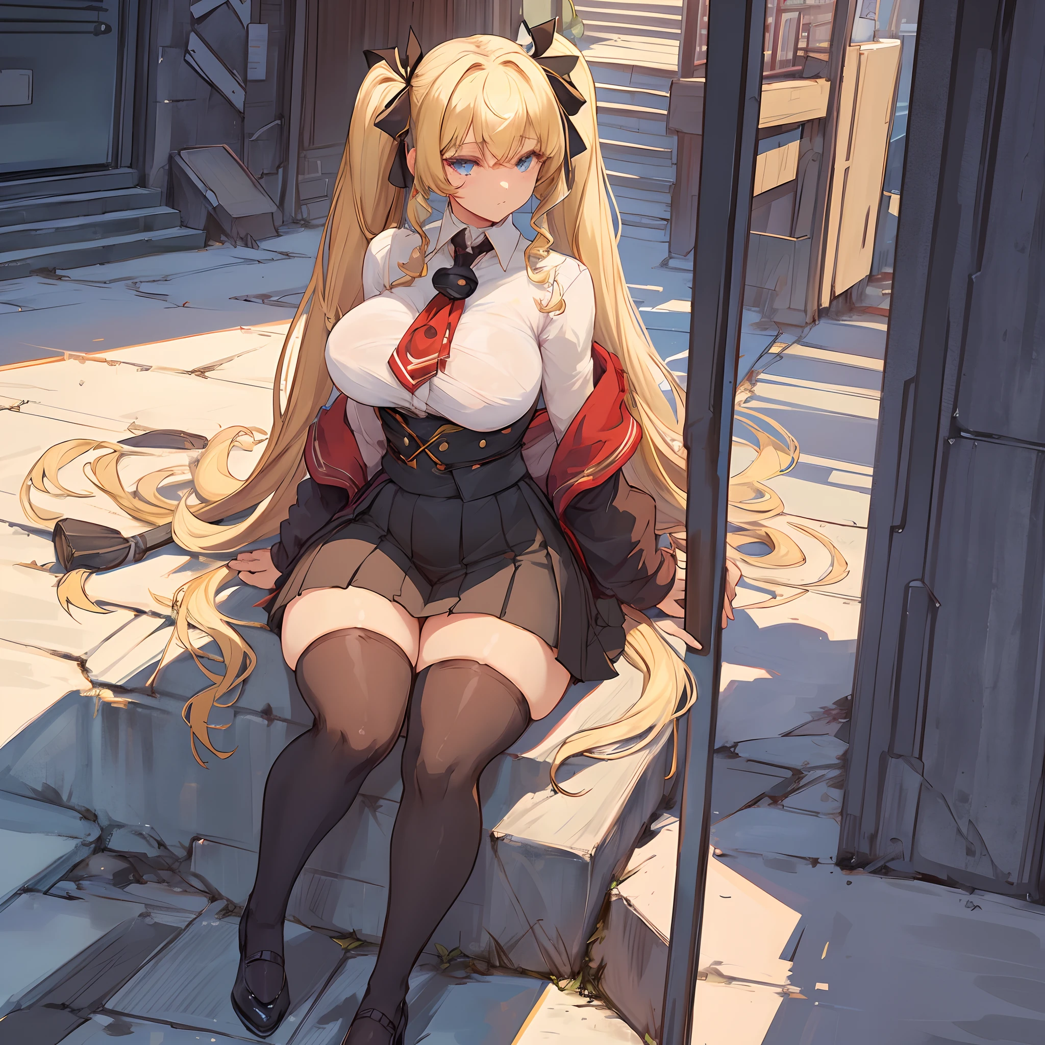 safe for work, 1girl, solo, solo focus, A hentai manga character, Nanako Von Meinsfelt, by Fan no hitori, uploaded to Nhentai.net, blonde hair giant curly twintail, ojou-sama, black school uniform, red cravat with a white cross on it, black pantyhose, brown mary jane shoes, a black pleated skirt, with stunning blue eyes, large breasts, thick thighs, masterpiece, best quality, full-body portrait, background messy alleyway, Holding giant pernach mace