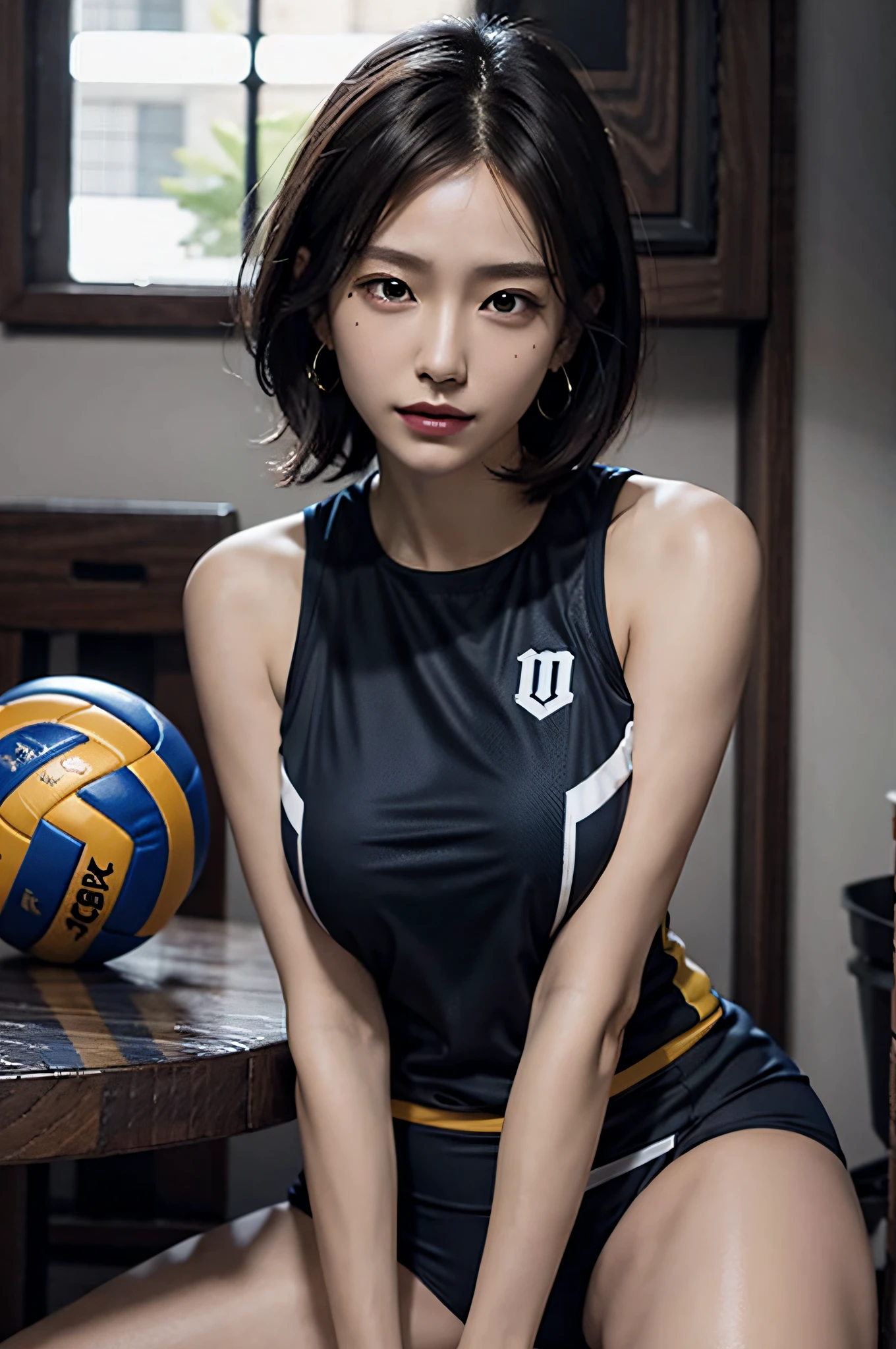 (very huge round breasts, perfect anatomy:1.4), (short hair, wavy hair, full body:1.1), (sleeveless, volleyball uniform:1.4), whole body, RAW photo, extremely delicate and beautiful, masterpiece, Best Quality, ultra high resolution, 16k, hyperrealistic, ultra-detailed, Very detailed CG 8k wallpaper, Beautiful Lighting, Perfect Lightning, Realistic Shadows, super Detailed shiny skin, perfect figure, Japanese woman, late 20s, Slim body, Slim abdomen, very small head, handsome detailed woman, very detailed eyes and face, realistic face proportions, Stunning detailed eyes, Realistic beautiful face, very small face, Realistic small beautiful eyes, double eyelids, makeup, tearful mole, mole on chest, earring, bare legs, beautiful and very thin legs, beautiful and very thin thighs, narrow waist, (cleavage, Soft midriff, Fine Collarbone, off-shoulder:0),