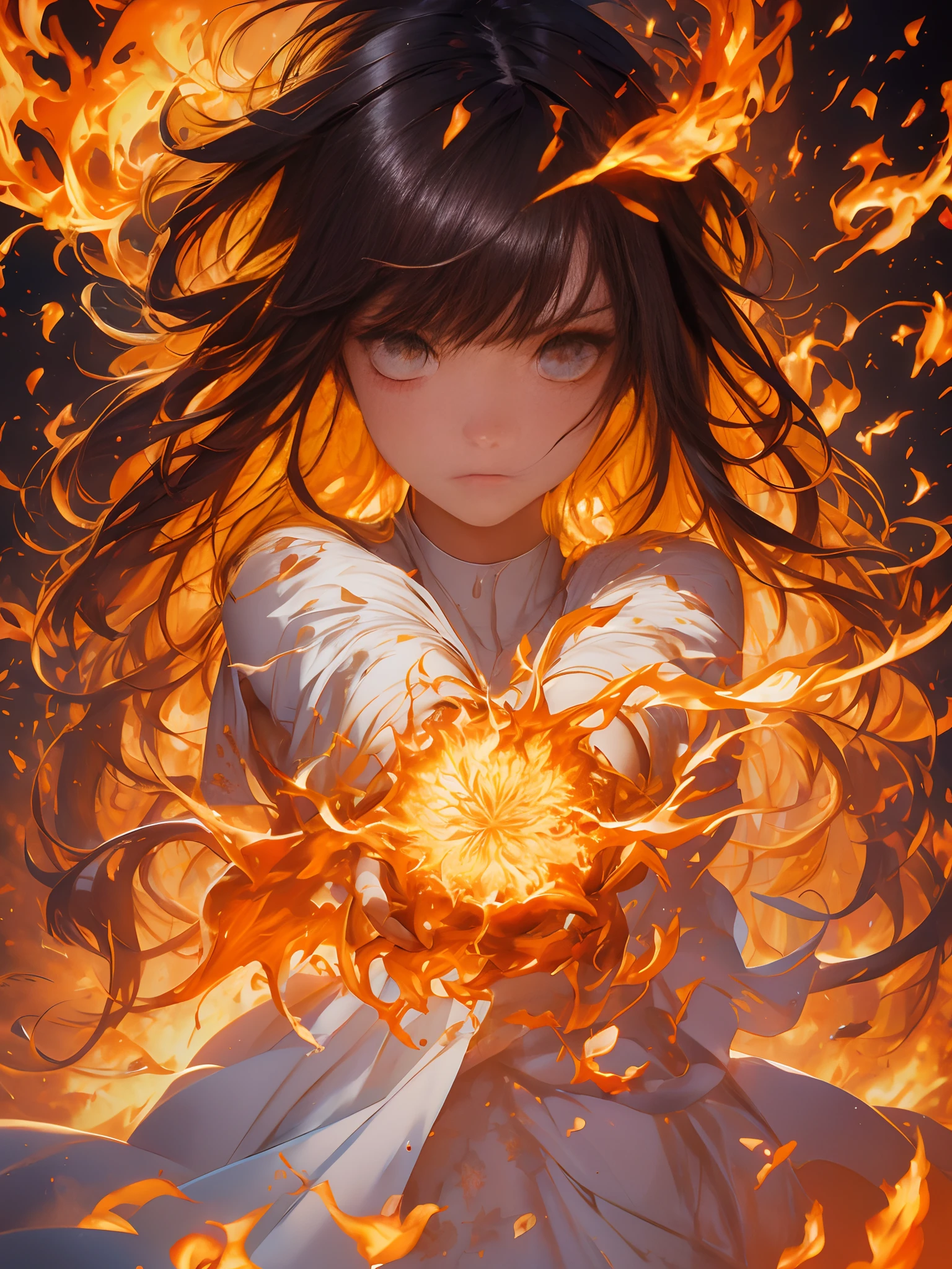 masterpiece, 1girl, beautiful face, detailed eyes, bangs, breathing fire, burning, burnt clothes, embers, ahoge, beige hair, multicolored hair, fire, flame, flaming energy, (hand on fire), standing, long hair, pyrokinesis, expressionless, smoke, flower(symbol), solo, sparks, sunset, twilight, white flower, molten rock, lily (flower), fiery flower, depth of field, burning ,