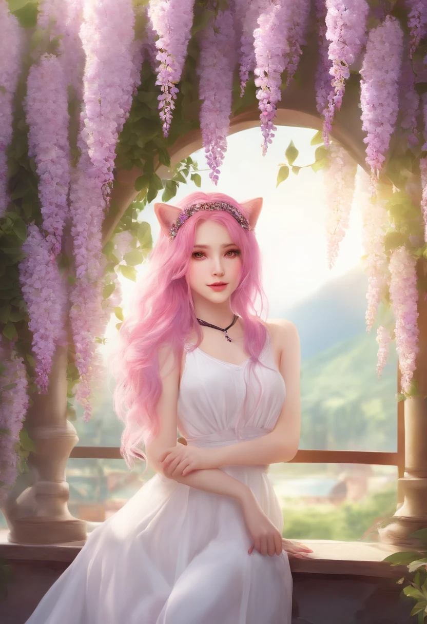 1girl, solo, cute girl with pink hair, pink eyes, wisteria flower background, soft natural light, cat ears, sleeveless white shirt