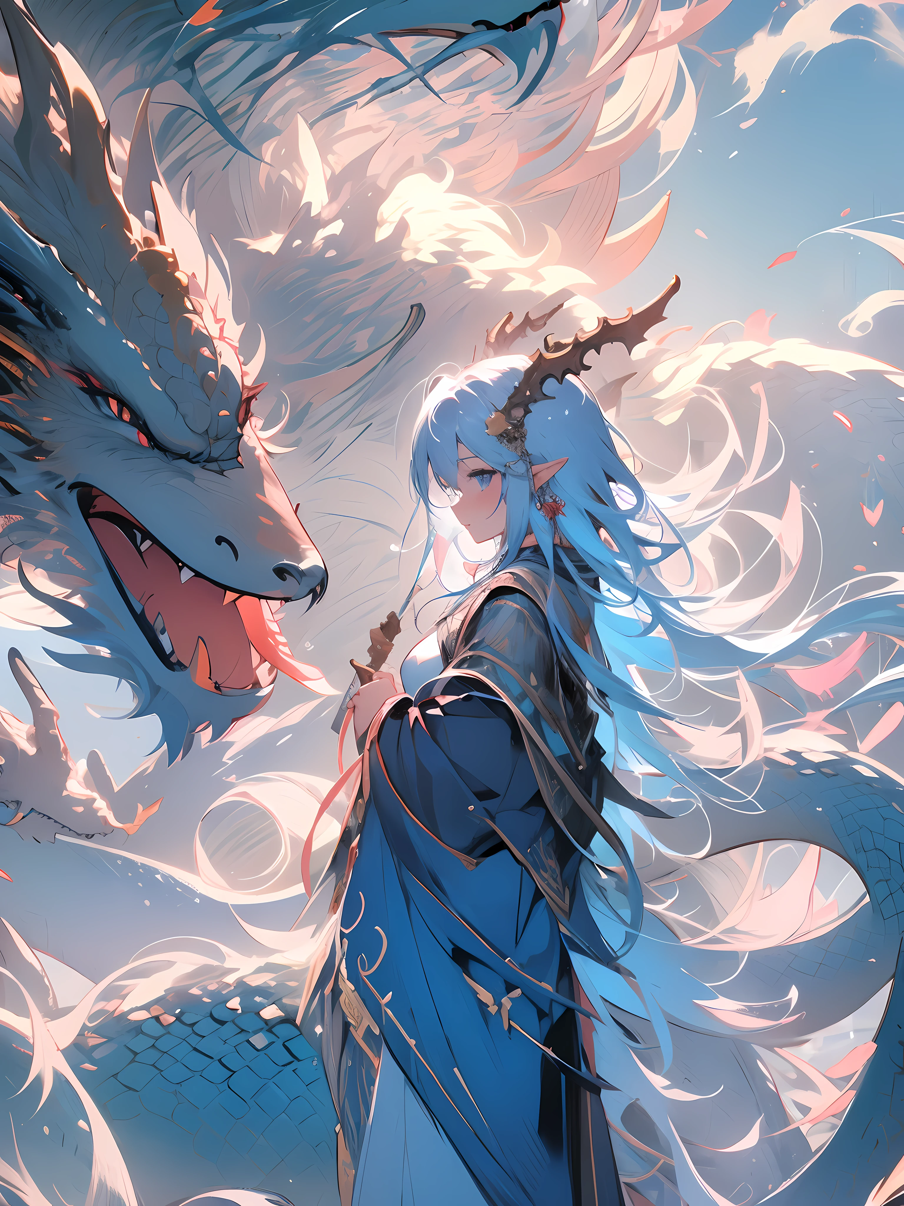 masterpiece, best quality, still, 1girl,1dragon, cuddle, lovely dragon, cloud girl, cloud, (close-up:1.1), bright, happy, fun, soft lighting