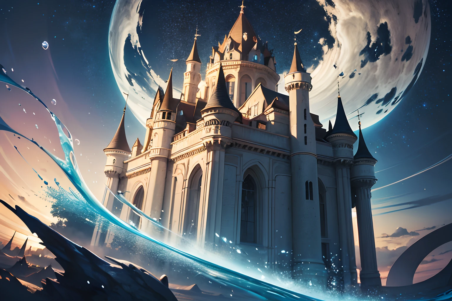 (dreamy castle is floating in the high sky of iridescent bubbles:1.2), (long shot:1.3), (from below:1.1), magnificent made of shimmering bubbles stands tall, majestic and stunning, mysterious and ethereal beauty. intricate details of this fantastical world will leave you in awe. intricate and meticulous details of this masterpiece. beautiful as she is enigmatic, every detail of this wondrous place is carefully crafted to perfection. creating a stunning contrast, showcasing its speed and strength. keen eye for detail and a mix of rendering techniques, meticulous attention to detail and a variety of techniques, from a cool and stylish angle, mezzotint of carving add glitter drawing, flowing galaxy,