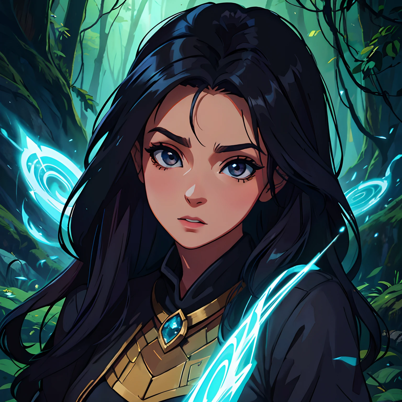 (uma mulher bonita com cabelo preto, pele clara, olhos azuis, It's in a forest, vestindo roupas medievais, uma feiticeira, magia roxa, Aura roxa, estilo de arte anime league of legends arcano), (melhor qualidade,ultra-detalhado,Realistic:1.37), cores vibrantes, soft lighting