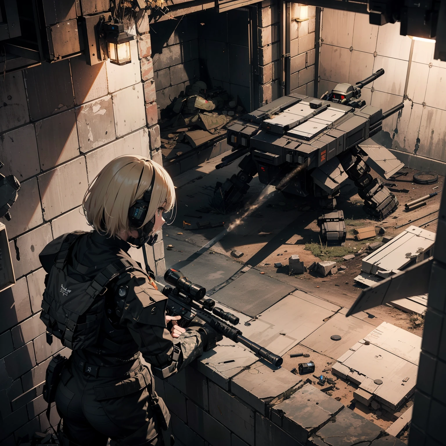 (Rifle shooting:1.4)、(Destroy military robots with sniping:1.4)、(1 live female sniper)、独奏:1.4、(Black combat uniform)、(platinum-blonde-hair:1.2)、Have multiple weapons、rubble、((超A high resolution))、Detail Write、masterpiece、top-quality、extremely details CG、Image quality in 8K、Cinematographic lighting、lensflare、(Night combat)、((Rifle sniping from inside the building))、Hyper-detailing、The wreckage of military robots、cowboy shot:1.4、From diagonally behind、From above 、(HK416)