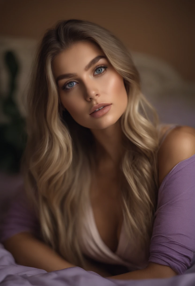 Arafed woman completely , fille sexy aux yeux bleus, ultra realist, Meticulously detailed, Portrait Sophie Mudd, cheveux blonds et grands yeux, selfie of a young woman, Yeux de chambre, Violet Myers, sans maquillage, maquillage naturel, looking straight at camera, Visage avec Artgram, Maquillage subtil, Great photo of the whole body kneeling on the bed, dans la chambre, Medium to large bust