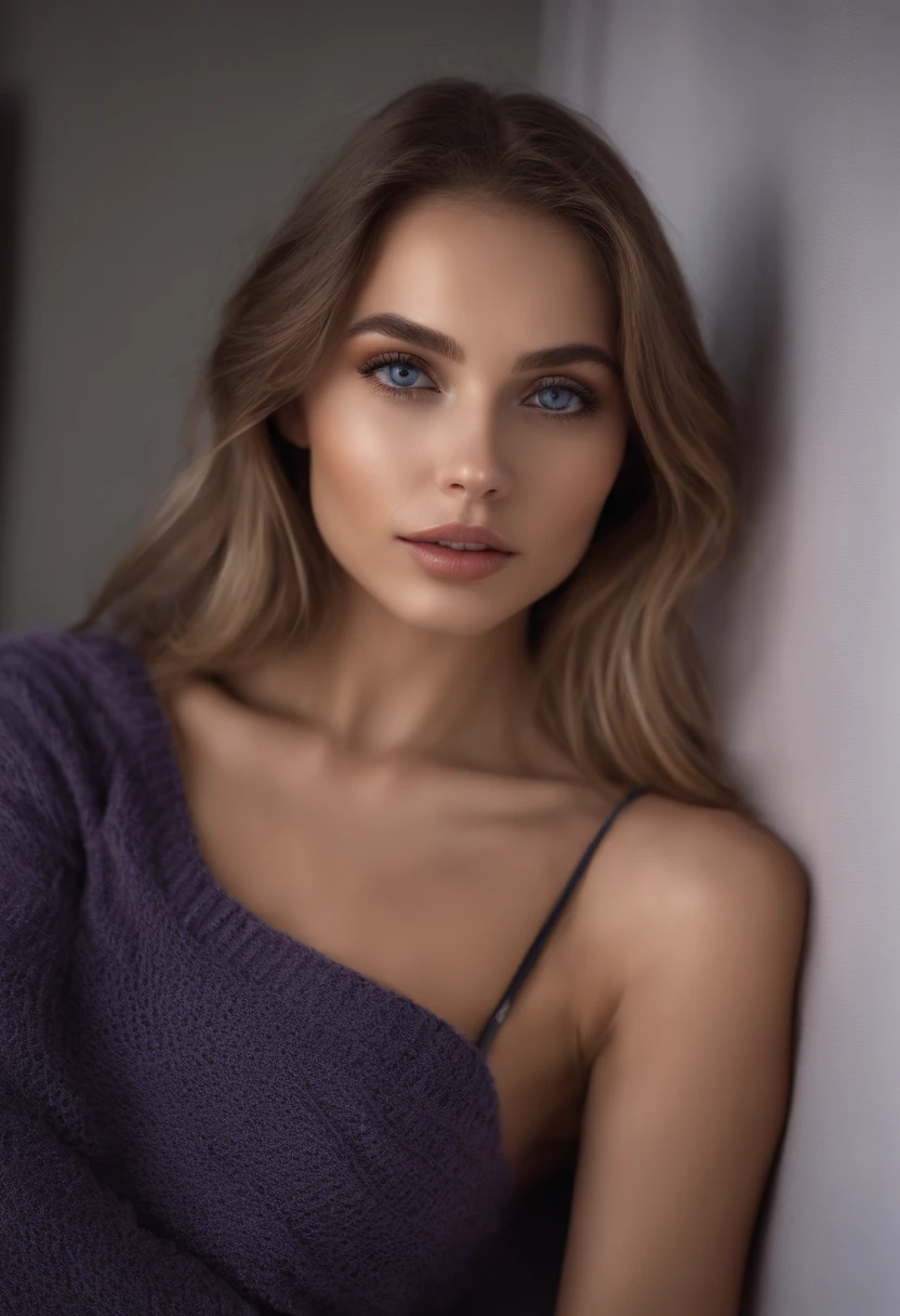 Arafed woman completely , fille sexy aux yeux bleus, ultra realist, Meticulously detailed, Portrait Sophie Mudd, cheveux blonds et grands yeux, selfie of a young woman, Yeux de chambre, Violet Myers, sans maquillage, maquillage naturel, looking straight at camera, Visage avec Artgram, Maquillage subtil, Great photo of the whole body kneeling on the bed, dans la chambre, Medium to large bust