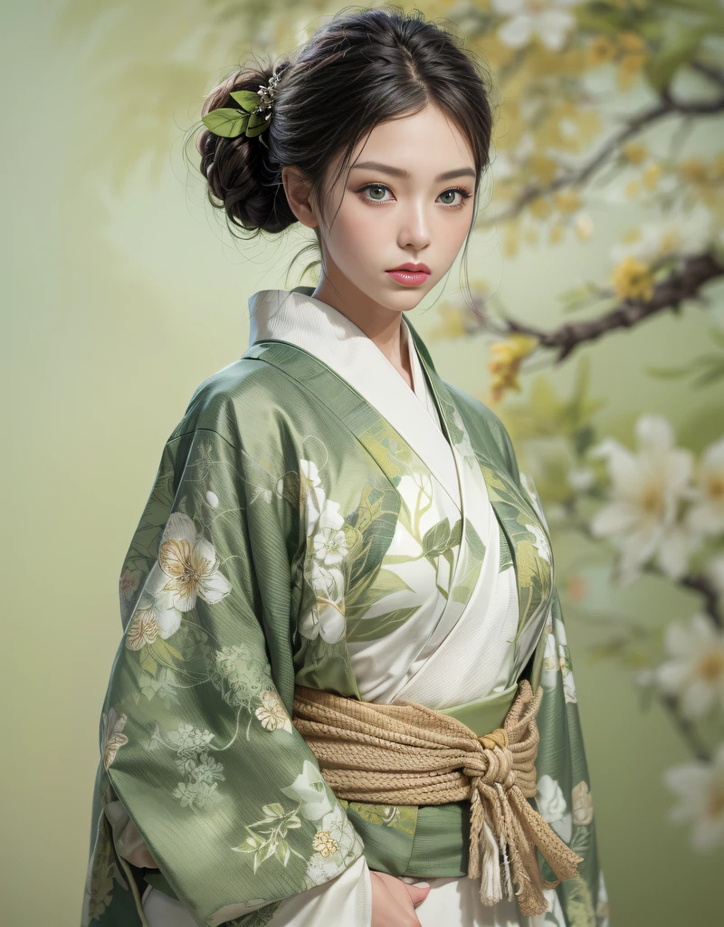 (Beautiful model in Japanese kimono commercial), (solo), ((face is 70% beauty and elegance, 30% pretty and cute:1.5)), (Her roots are in Eastern Europe and Asia), clear eyes, (detailed eyes, light green eyes, bright pupils), Double Eyelids, (sexy lips with a little thickness:1.2), super detailed and incredibly high resolution Kimono, Highly Detailed Face Texture, striking body shape, curvy and very attractive woman, The color of the kimono is 60% white and 30% macha-green and black 10%, high-resolution RAW color photo pro photo, BREAK ultra high-resolution textures, High-res body rendering, big eyes, unparalleled masterpiece, incredible high resolution, super detailed, stunning ceramic skin, BREAK (Wearing a white kimono with plenty of bright matcha green color), (The main color is gentle white, the bright matcha green stands out, and black is used as an accent), (elaborately made classical Japanese white kimono), ((The pattern is boldly, bravely, and elegantly dyed with bright matcha green, and is delicately accented)), (A black obi that matches this kimono), ((A white kimono with delicate and elegant patterns in bright matcha green)), (The background is a dry landscape created with bright matcha green and black) BREAK ((Best Quality, 8k)), Crisp Focus:1.2, (Layer Cut, Big:1.2), (Beautiful Woman with Perfect Figure:1.4), (Beautifully shaped and big breasts:1.3), Slender waist, (Correct hand shape:1.5), (Full body shot | cowboy shot | back view)