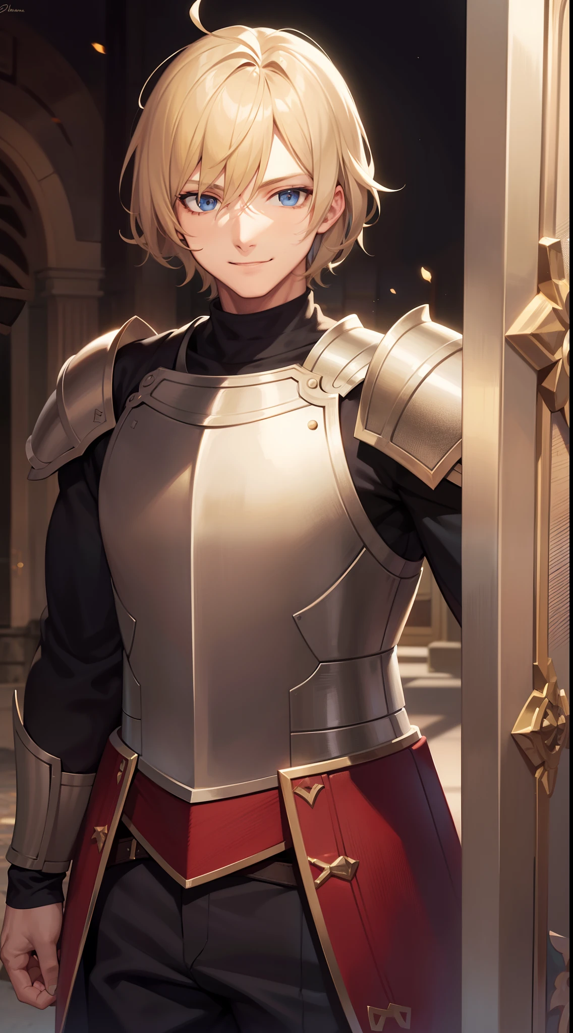Adult man, blonde hair in bob, blue eyes, Smile, armor, paladin, hammer, shield, Masterpiece, hiquality, 4k, HD, Good detail