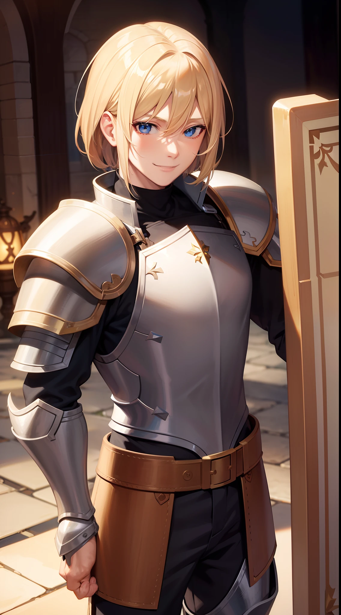 Adult man, blonde hair in bob, blue eyes, Smile, armor, paladin, hammer, shield, Masterpiece, hiquality, 4k, HD, Good detail