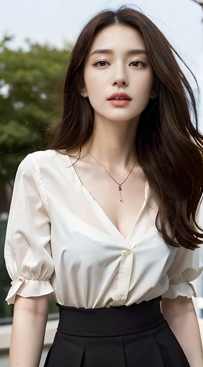 （best qualtiy，A high resolution，tmasterpiece：1.3），A tall and beautiful woman，Slender abs，Dark brown hair in loose wavy styling，Large breasts，Wear a pendant，white button-down blouse，obi strip，a black skirt，long leges，stocklings，（Modern architecture in background），Beautifully rendered details in face and skin textures，Detailed eyes，二重まぶた，fully body photo，Looking at you