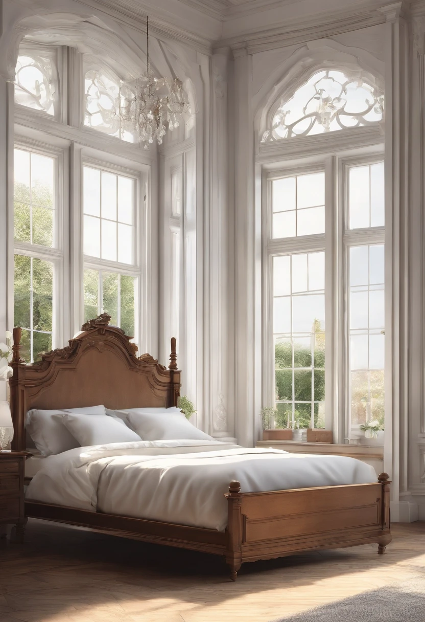 background, anime background style with clear outlines, victorian manor house, simple and clean lines, large and grand bedroom, one four-poster bed, large windows, sunlight, white white white walls,