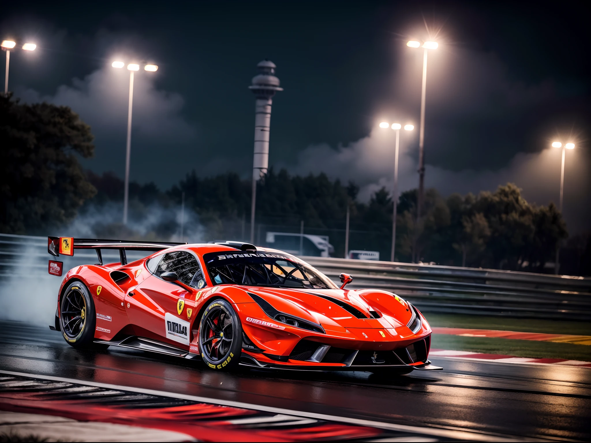 arafed image of a (ferrari hypercar:1.4), (8k, RAW photo, best quality, masterpiece:1.2), (realistic, photo-realistic:1.37), (full body:1.3) (detailed), (highres), ultra realistic, hyperrealistic, high detail RAW color photo of (ferrari hypercar:1.4), high angle shot front view ferrari hypercar driving on a race track, stormy weather, (wet:1.2), (water dust:1.2), 8k uhd, high quality, motion blur, depth blur, cinematic, filmic image 4k, vibrant color, (reflections),(ferrari) race car,(race car:1.4),(endurance race car:1.4),at night, lights, High Detail, Sharp focus, (photorealism), realistic, best quality, 8k, award winning, dramatic lighting, epic, cinematic, masterpiece, rim light, ambient fog:1.3, dutch angle, depth of field,8k uhd, high quality, motion blur, depth blur, cinematic, filmic image 4k, vibrant color, (reflections),spoiler, GT3 race car, WEC endurance cars,rollcage,sponsors,livery, sponsored livery,lights turned on,motion blur,closeup,commercial photography