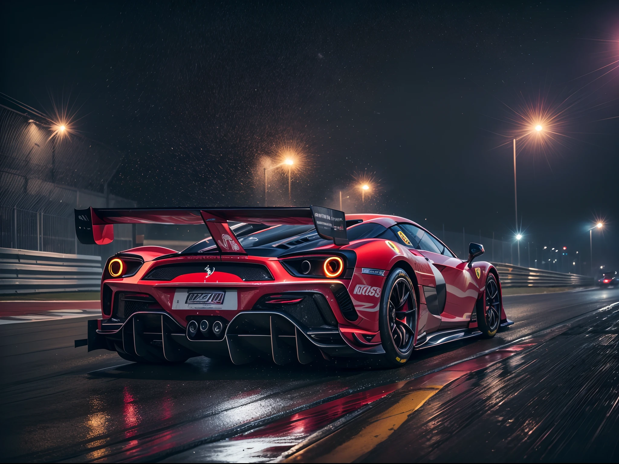 arafed image of a (ferrari hypercar:1.4), (8k, RAW photo, best quality, masterpiece:1.2), (realistic, photo-realistic:1.37), (full body:1.3) (detailed), (highres), ultra realistic, hyperrealistic, high detail RAW color photo of (ferrari hypercar:1.4), high angle shot front view ferrari hypercar driving on a race track, stormy weather, (wet:1.2), (water dust:1.2), 8k uhd, high quality, motion blur, depth blur, cinematic, filmic image 4k, vibrant color, (reflections),(ferrari) race car,(race car:1.4),(endurance race car:1.4),at night, lights, High Detail, Sharp focus, (photorealism), realistic, best quality, 8k, award winning, dramatic lighting, epic, cinematic, masterpiece, rim light, ambient fog:1.3, dutch angle, depth of field,8k uhd, high quality, motion blur, depth blur, cinematic, filmic image 4k, vibrant color, (reflections),spoiler, GT3 race car, WEC endurance cars,rollcage,sponsors,livery, sponsored livery,lights turned on,motion blur,closeup,commercial photography,AUDI R8 safety car