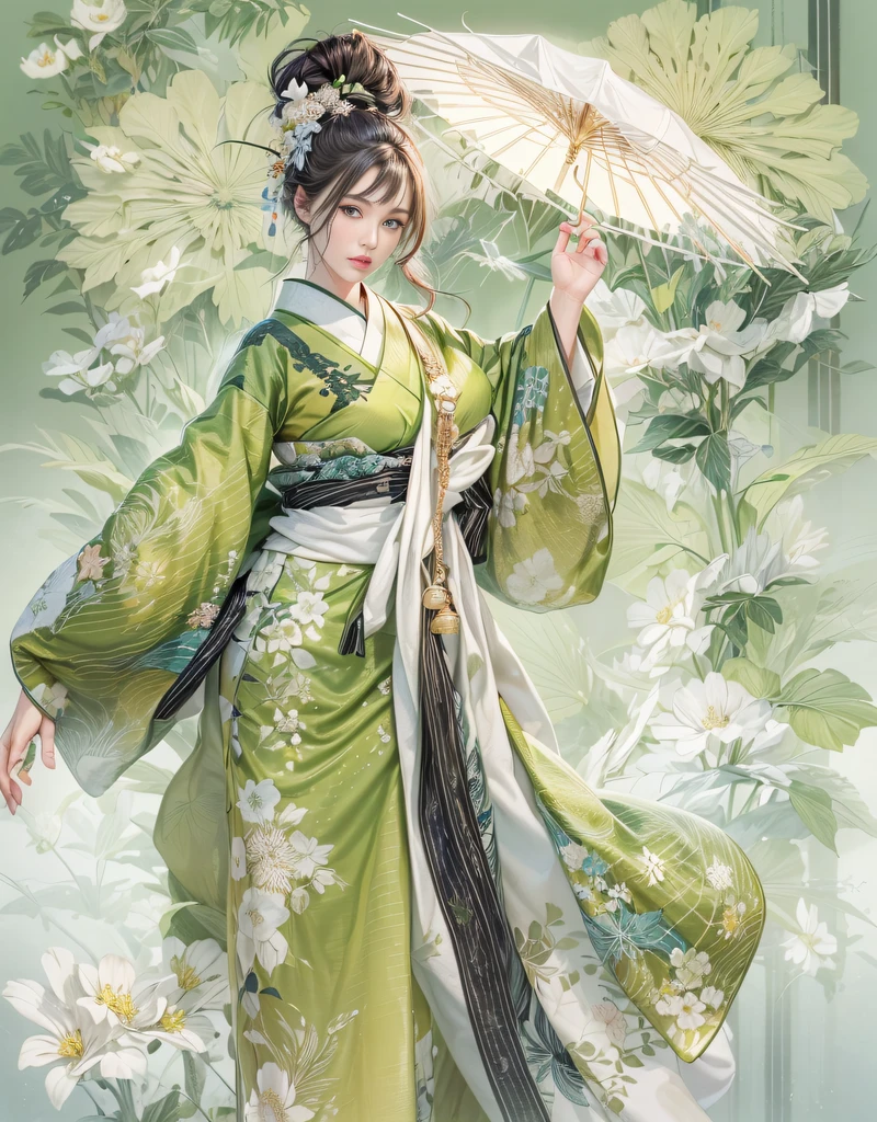 (Beautiful model in Japanese kimono commercial), (solo), ((face is 70% beauty and elegance, 30% pretty and cute:1.5)), (Her roots are in Eastern Europe and Asia), clear eyes, (detailed eyes, light green eyes, bright pupils), Double Eyelids, (sexy lips with a little thickness:1.2), super detailed and incredibly high resolution Kimono, Highly Detailed Face Texture, striking body shape, curvy and very attractive woman, The color of the kimono is 60% white and 30% macha-green and black 10%, high-resolution RAW color photo pro photo, BREAK ultra high-resolution textures, High-res body rendering, big eyes, unparalleled masterpiece, incredible high resolution, super detailed, stunning ceramic skin, BREAK (Wearing a white kimono with plenty of bright matcha green color), (The main color is gentle white, the bright matcha green stands out, and black is used as an accent), (elaborately made classical Japanese white kimono), ((The pattern is boldly, bravely, and elegantly dyed with bright matcha green, and is delicately accented)), (A black obi that matches this kimono), ((A white kimono with delicate and elegant patterns in bright matcha green)), BREAK ((Best Quality, 8k)), Crisp Focus:1.2, (Layer Cut, Big:1.2), (Beautiful Woman with Perfect Figure:1.4), (Beautifully shaped and big breasts:1.3), Slender waist, (Correct hand shape:1.5), (Full body shot | cowboy shot | back view)