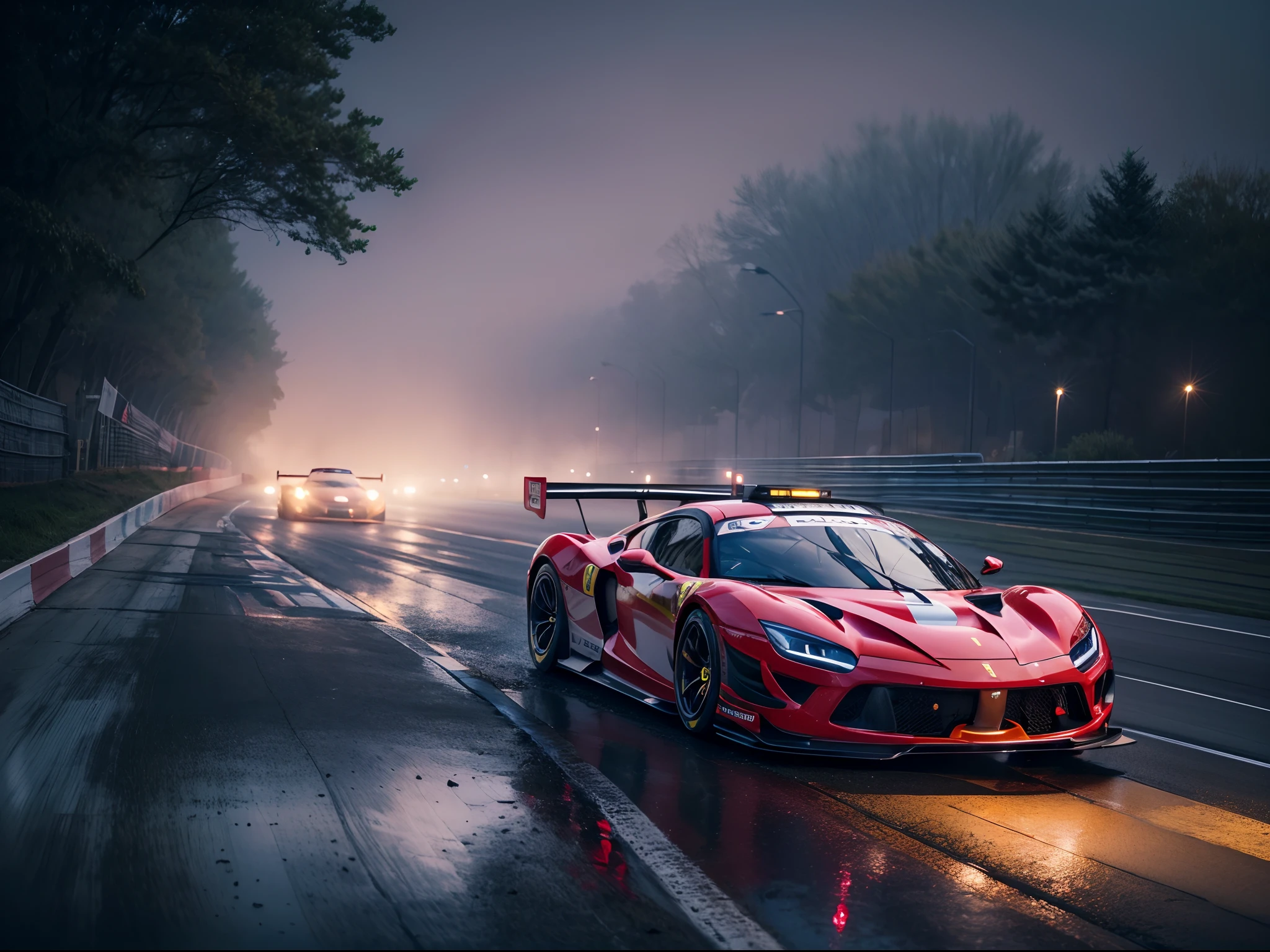 arafed image of a (ferrari hypercar:1.4), (8k, RAW photo, best quality, masterpiece:1.2), (realistic, photo-realistic:1.37), (full body:1.3) (detailed), (highres), ultra realistic, hyperrealistic, high detail RAW color photo of (ferrari hypercar:1.4), high angle shot front view ferrari hypercar driving on a race track, stormy weather, (wet:1.2), (water dust:1.2), 8k uhd, high quality, motion blur, depth blur, cinematic, filmic image 4k, vibrant color, (reflections),(ferrari) race car,(race car:1.4),(endurance race car:1.4),at night, lights, High Detail, Sharp focus, (photorealism), realistic, best quality, 8k, award winning, dramatic lighting, epic, cinematic, masterpiece, rim light, ambient fog:1.3, dutch angle, depth of field,8k uhd, high quality, motion blur, depth blur, cinematic, filmic image 4k, vibrant color, (reflections),spoiler, GT3 race car, WEC endurance cars,rollcage,sponsors,livery, sponsored livery,lights turned on,motion blur,closeup,commercial photography,AUDI R8 safety car