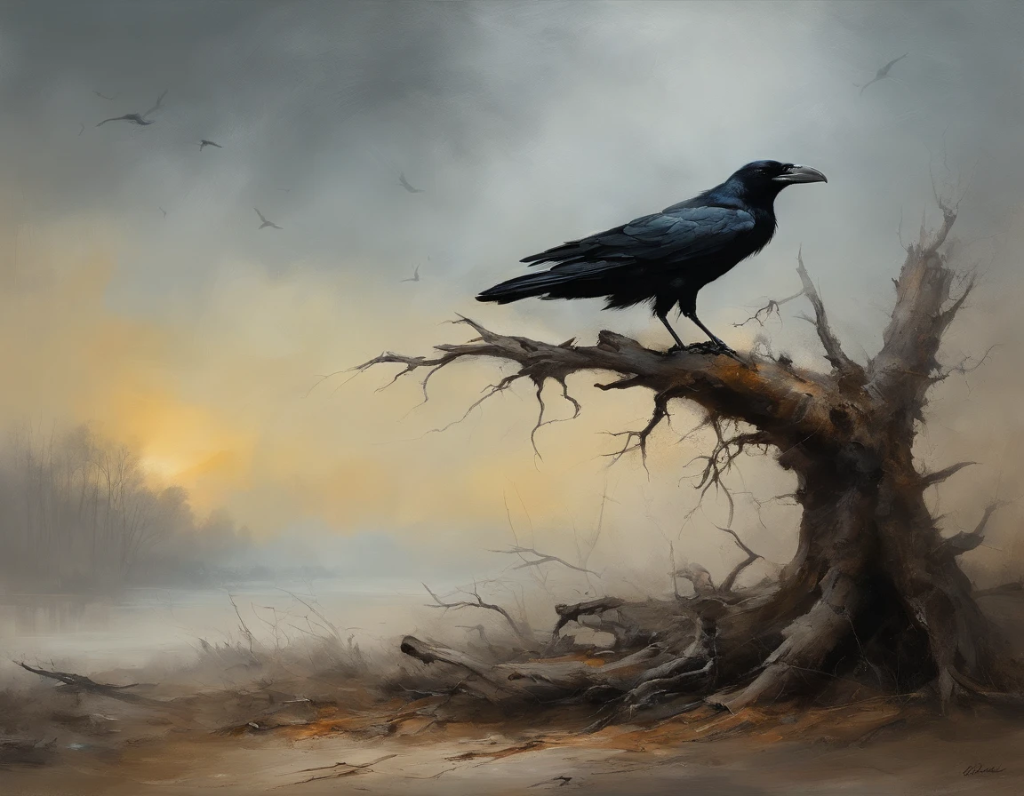 Two crows in a dead tree, Uma sombra em Forma de andador, noite estrelada, Thick fog on the ground, Luz azul no horizonte, Motor Unreal 5, cinemactic, Low-angle photography, motion blur, profundidade de campo, dust, Cobblestones and dirt. Arte Splash, pingando tinta. Perfect color classification. influenciado por karel Appel e jeremy mann, Full of dramatic and threatening scenes, hiper-detalhado, Beautiful, detalhes insanos, detalhes intrincados, fotografia editorial, Fotografado com uma lente de 50mm, profundidade de campo, Tilt Blur, velocidade do obturador 1/1000, F/22. Mapas de luz, super brilhante