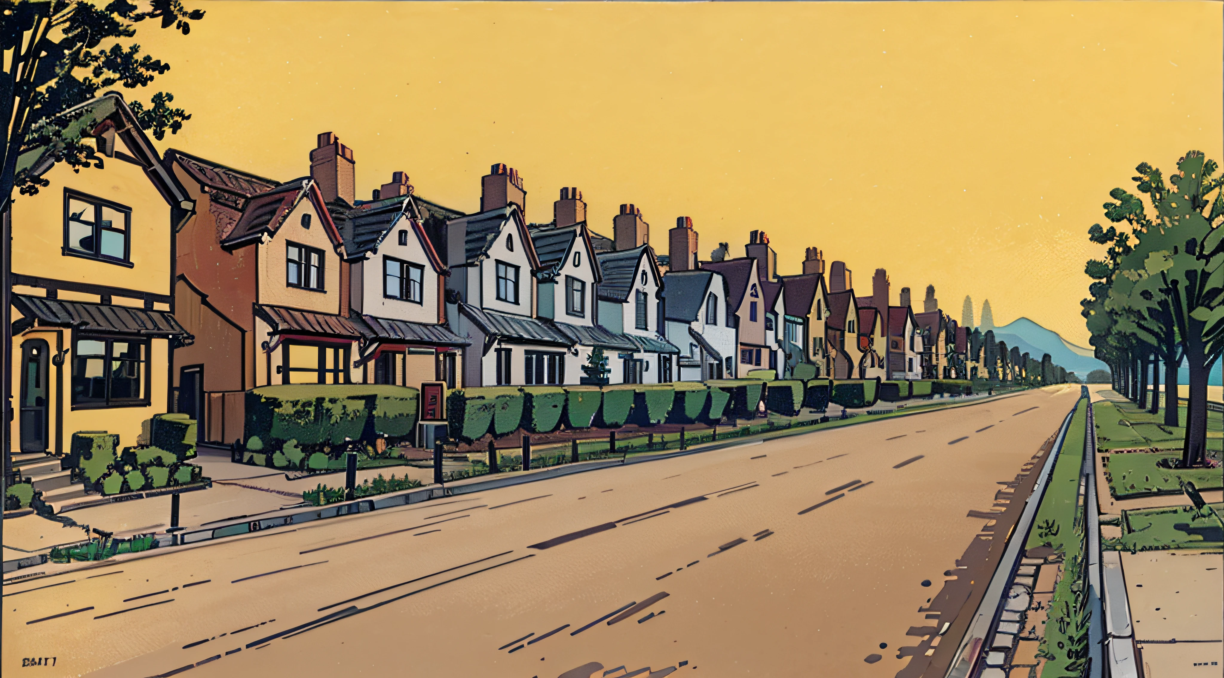 A crossed road,The upper part is a row of houses,natta