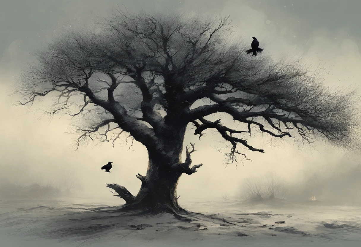 Two crows in a dead tree, Uma sombra em Forma de andador, noite estrelada, Thick fog on the ground, Luz azul no horizonte, Motor Unreal 5, cinemactic, Low-angle photography, motion blur, profundidade de campo, dust, Cobblestones and dirt. Arte Splash, pingando tinta. Perfect color classification. influenciado por karel Appel e jeremy mann, Full of dramatic and threatening scenes, hiper-detalhado, Beautiful, detalhes insanos, detalhes intrincados, fotografia editorial, Fotografado com uma lente de 50mm, profundidade de campo, Tilt Blur, velocidade do obturador 1/1000, F/22. Mapas de luz, super brilhante