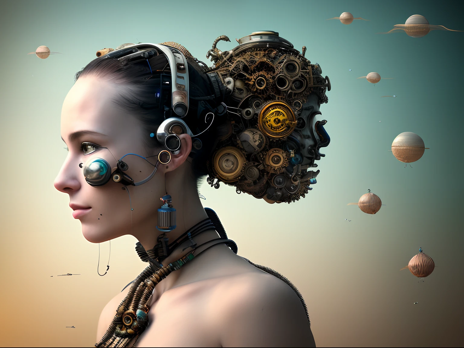Hyper realistic photo 8k ultra detailed close up:: Amazing perfect high tech cool multicolored ovni spaceship coming to earth for abduction, the frame in the middle of corn fields, a naked stunning woman yasuke 5 0 0 px models, ecopunk rococo, ornate detailed, yennefer, steampunk rat, szekely bertalan. atmospheric, neck shackle, degradation filter, polluted, updo hair, anthropomorphic machine