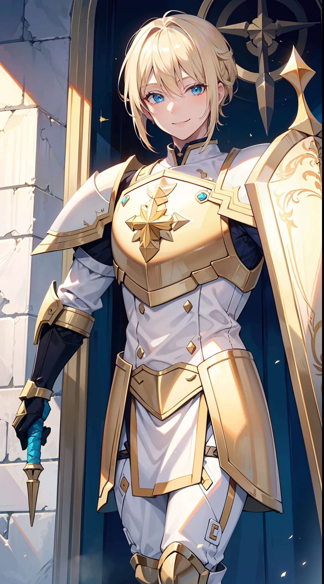 adult man, Blonde hair in a bob, blue eyes, Smile, Beautiful white armor with gold elements, paladin, hammer, shield, Masterpiece, hiquality, 4k, HD, Good detail