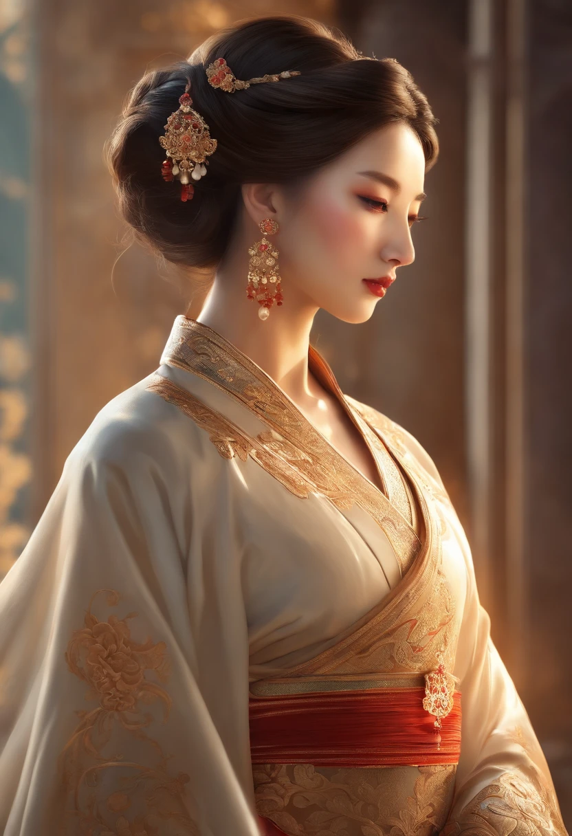 ((corps entier)), samdoesarts style award winning full body portrait of a beautiful woman, (((perfect female face)),((Ancient Chinese Clothes)), ((Shabble Hanfu)), Gloriette, complexe, ( beautiful detail eyes),((Pointes, cheveux tordus, Double ball heads)), (sun light), Shadow graphic illustration, digital art, tendances sur ArtStation, Very detailed, finedetail, complexe, Artgerm et Rutkowski et Alphonse Mucha Art,