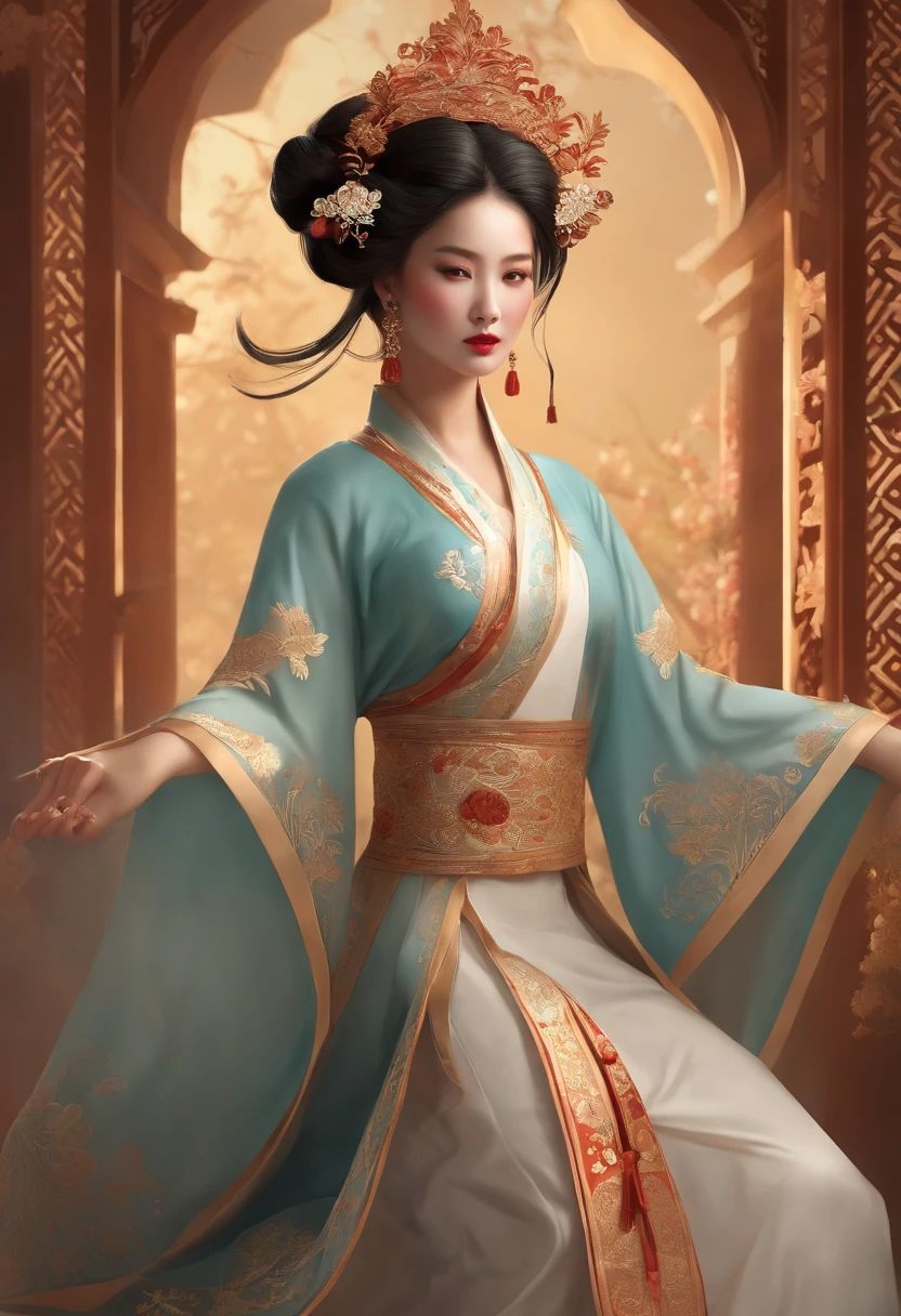 ((corps entier)), samdoesarts style award winning full body portrait of a beautiful woman, (((perfect female face)),((Ancient Chinese Clothes)), ((Shabble Hanfu)), Gloriette, complexe, ( beautiful detail eyes),((Pointes, cheveux tordus, Double ball heads)), (sun light), Shadow graphic illustration, digital art, tendances sur ArtStation, Very detailed, finedetail, complexe, Artgerm et Rutkowski et Alphonse Mucha Art,