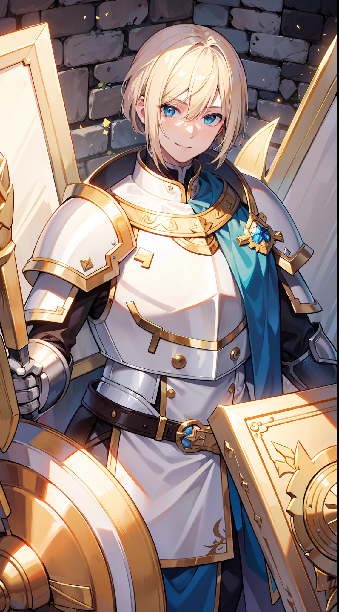 adult man, Blonde hair in a bob, blue eyes, Smile, Beautiful white armor with gold elements, paladin, hammer, shield, Masterpiece, hiquality, 4k, HD, Good detail