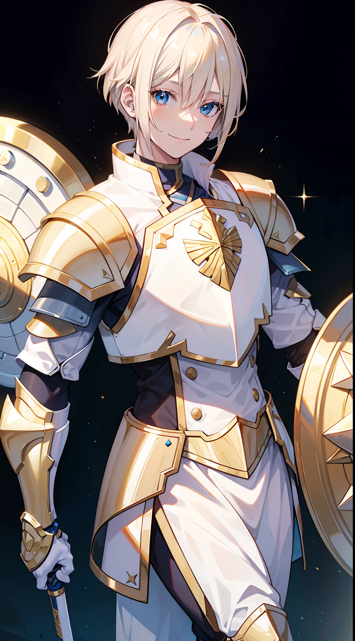 adult man, Blonde hair in a bob, blue eyes, Smile, Beautiful white armor with gold elements, paladin, hammer, shield, Masterpiece, hiquality, 4k, HD, Good detail