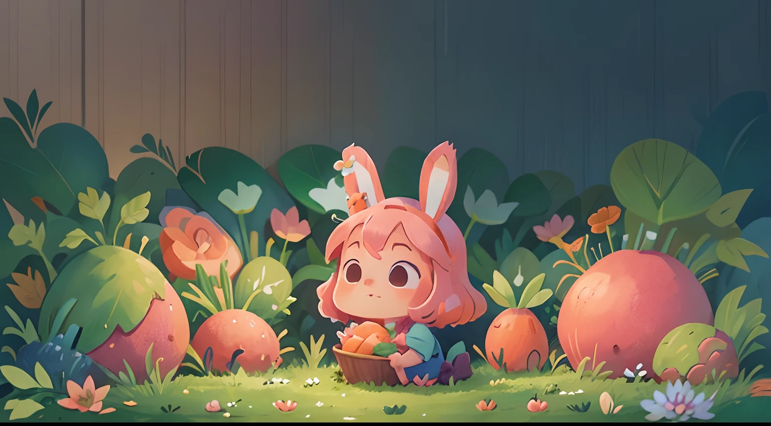 bunny(A pink-haired,She wears a small blue dress)A vegetable area has also been set up next to the flower bed,Plant your favorite carrots and lots of small greens,You can enjoy the blossoms on your side,While feasting,The days were very pleasant。