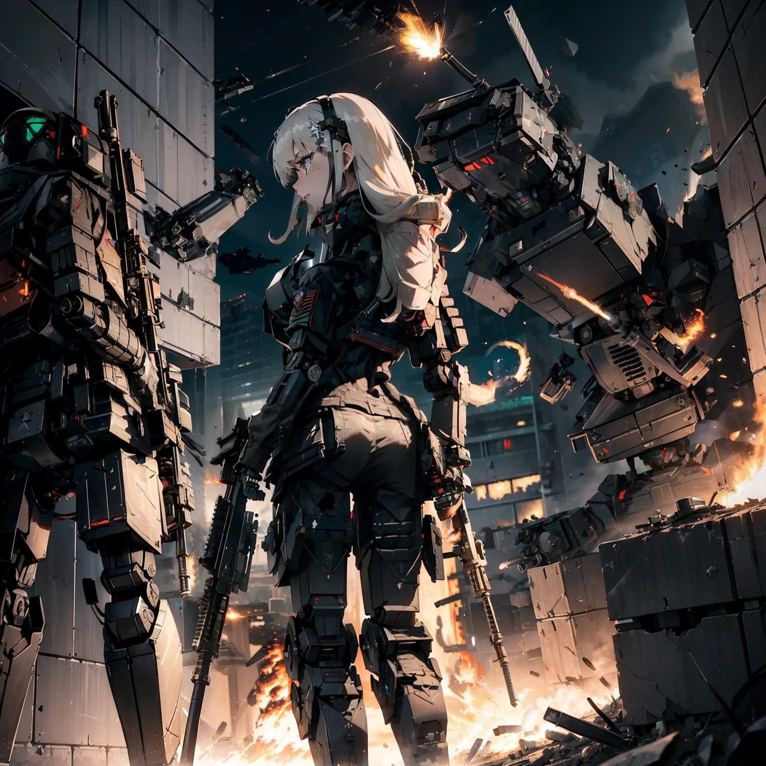 (assault rifle:1.4)、(((Fire assault rifles to destroy military robots:1.4)))、(1 Female soldier with a healthy body)、独奏:1.4、(Black combat uniform)、(platinum-blonde-hair:1.2)、Have multiple weapons、rubble、((超A high resolution))、Detail Write、​masterpiece、top-quality、extremely details CG、Image quality in 8K、Cinematographic lighting、lensflare、(Night combat)、((In Building))、Hyper-detailing、The wreckage of military robots、cowboy  shot:1.4、From diagonally behind、From  above 、(HK416)、Looks Back