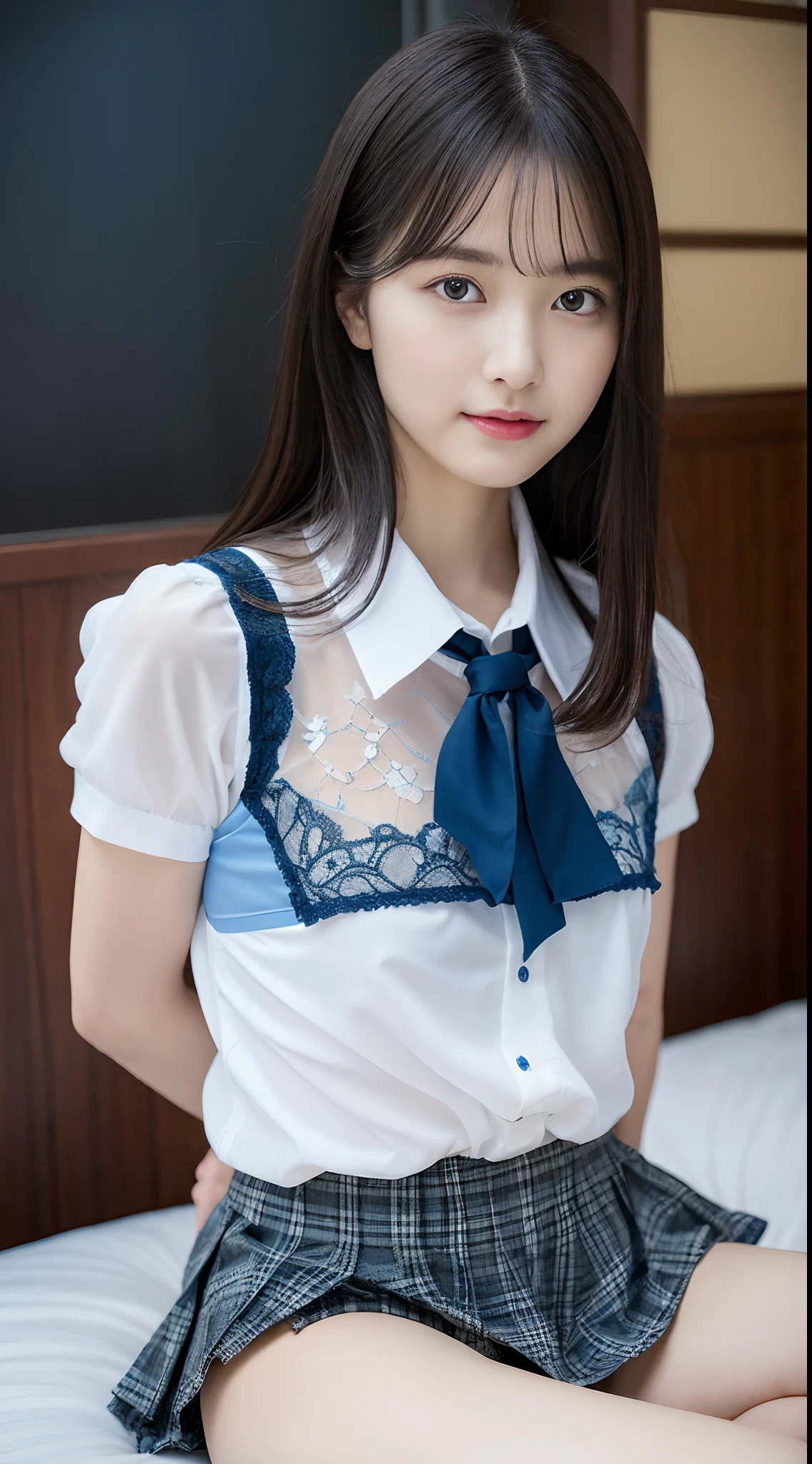 (((32ｋ,high detal,high-detail、​masterpiece,Attention to detail,full body Esbian,Lori,独奏))),Raw photo & realistic atmosphere,beautiful dark blue eyes,Detailed mouth,Glossy lips,Detailed eyebrows,Eyes drawn in detail with soft white skin that shines in every detail、Very beautiful eyes with azure eyes,Detailed lips、Very beautiful face,Very well-formed face、Lifelike face,shiny beautiful lips,Beautiful eyebrows,Infinite reality,Japan High School Student Uniform Best Design, Realistic Young Gravure Idol, Very cute high school girl, , japanese girl school uniform,, Young Sensual Gravure Idol, Young Gravure Idol, Beautiful and sexy１7  old schoolgirl,the whole body is wet,dripped out,with a flushed face,Incredibly beautiful sexy１7 year beautiful girl,The body is dripping wet,Sheer clothing,Hair is wet,Dripping water,dripping,a miniskirt（,bare-legged,,Wet and see-through white short sleeve shirt,Beautiful kind eyes,Looking at the camera：1.5）,(Beautiful smooth legs,Exposed thighs,Pull your buttocks up,Light blue lace bra and panties,Gentle smile,well-shaped breasts,,Immature body,Beautiful and sexy schoolgirl unusual design uniform with red and black base,Glossy crimson semi-long hair:Mount Position,Horse riding,Super emphasis on the thighs and crotch,Bed in a sexy dark room,See-through floral shirt made of lace,Micro Mini Pleated Skirt：1.9)