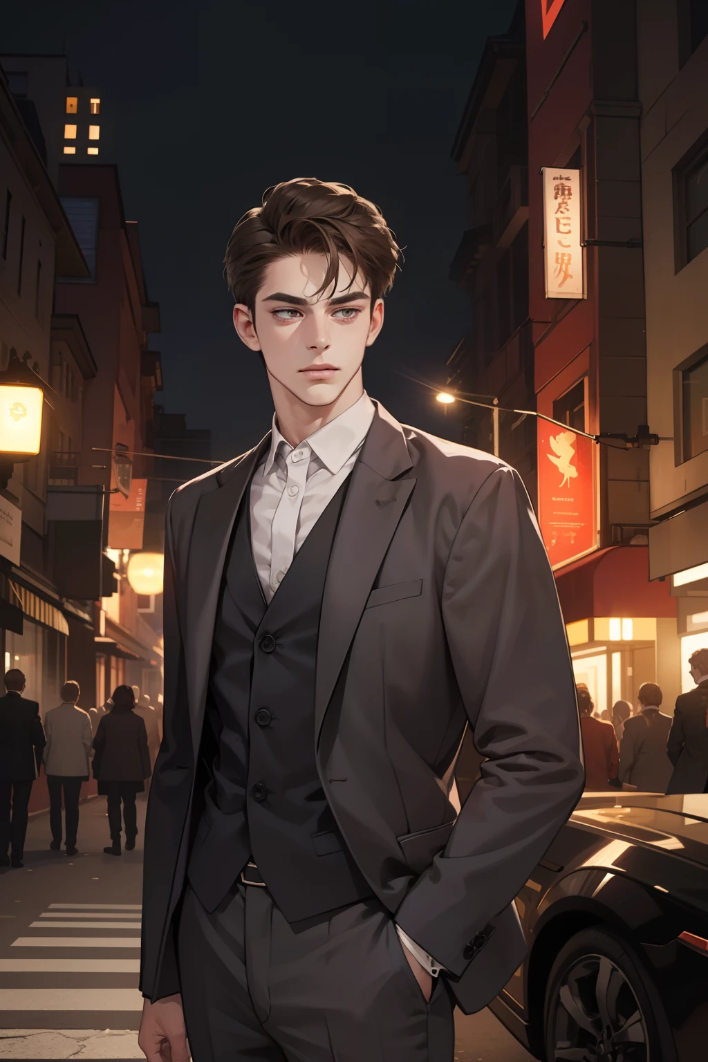 masterpiece, best quality, realistic, 1man, mature male, quiet and charming young man, 25 years old, close his eyes, serious look, extremely detailed face, ((dark grey eyes)), ((short-right-swept dark brown hair)), [thick eyebrows], detective, in the city, ((suit)), cinematic lighting, looking at the audience, posture dynamics, smirk, (hold a gun)
