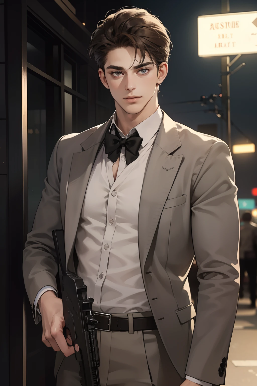 Ridiculous resolution,A high resolution,(tmasterpiece:1.4),hyper-detailing,In the cemetery,Heirs of the consortium,A young man,In black suit,The head is bandaged with gauze,Armed with crutches,The expression is tense, afraid and trembling(1.5)