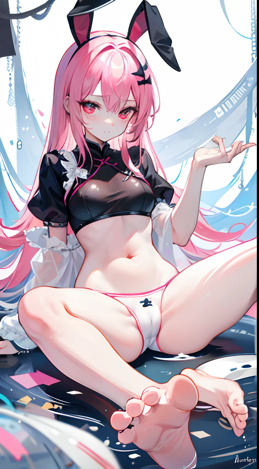 opening legs,Bunny ears,No underwear, the feet,is shy,sitted, Feet,Exposed genitals,clear liquid,Bigchest,Black fully transparent panties,soaking wet,A pink-haired,Hold your thighs from behind with your hands,Emotive expressions,Ambiguous,taunt,on cheongsam,Unoccluded,There is no lower limit