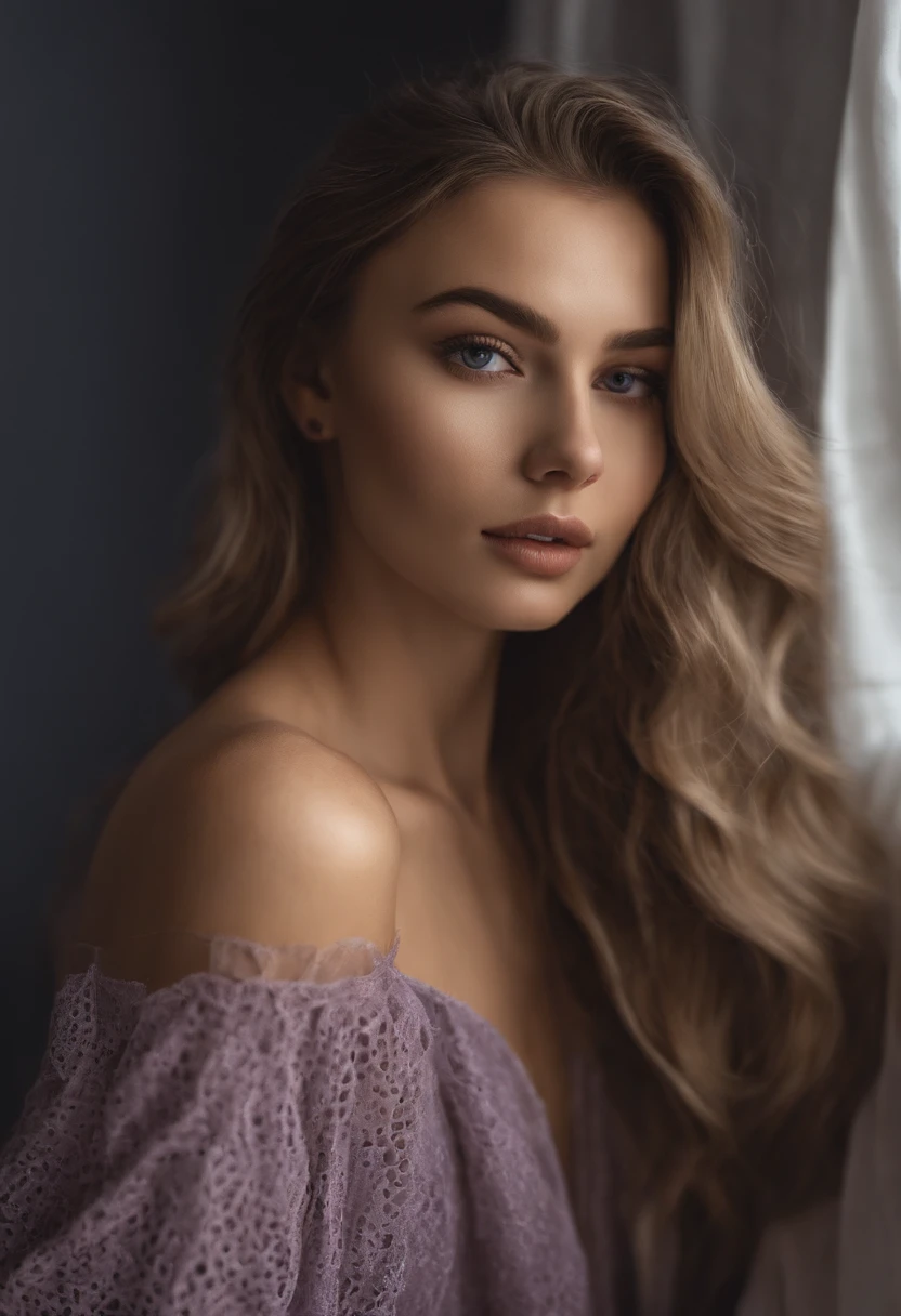 Arafed woman completely , fille sexy aux yeux bruns, ultra realist, Meticulously detailed, Portrait Sophie Mudd, cheveux bruns et grands yeux, selfie of a young woman, Yeux de chambre, Violet Myers, sans maquillage, maquillage naturel, looking straight at camera, Visage avec Artgram, Maquillage subtil, Great photo of the whole body kneeling on the bed, dans la chambre, Medium to large bust