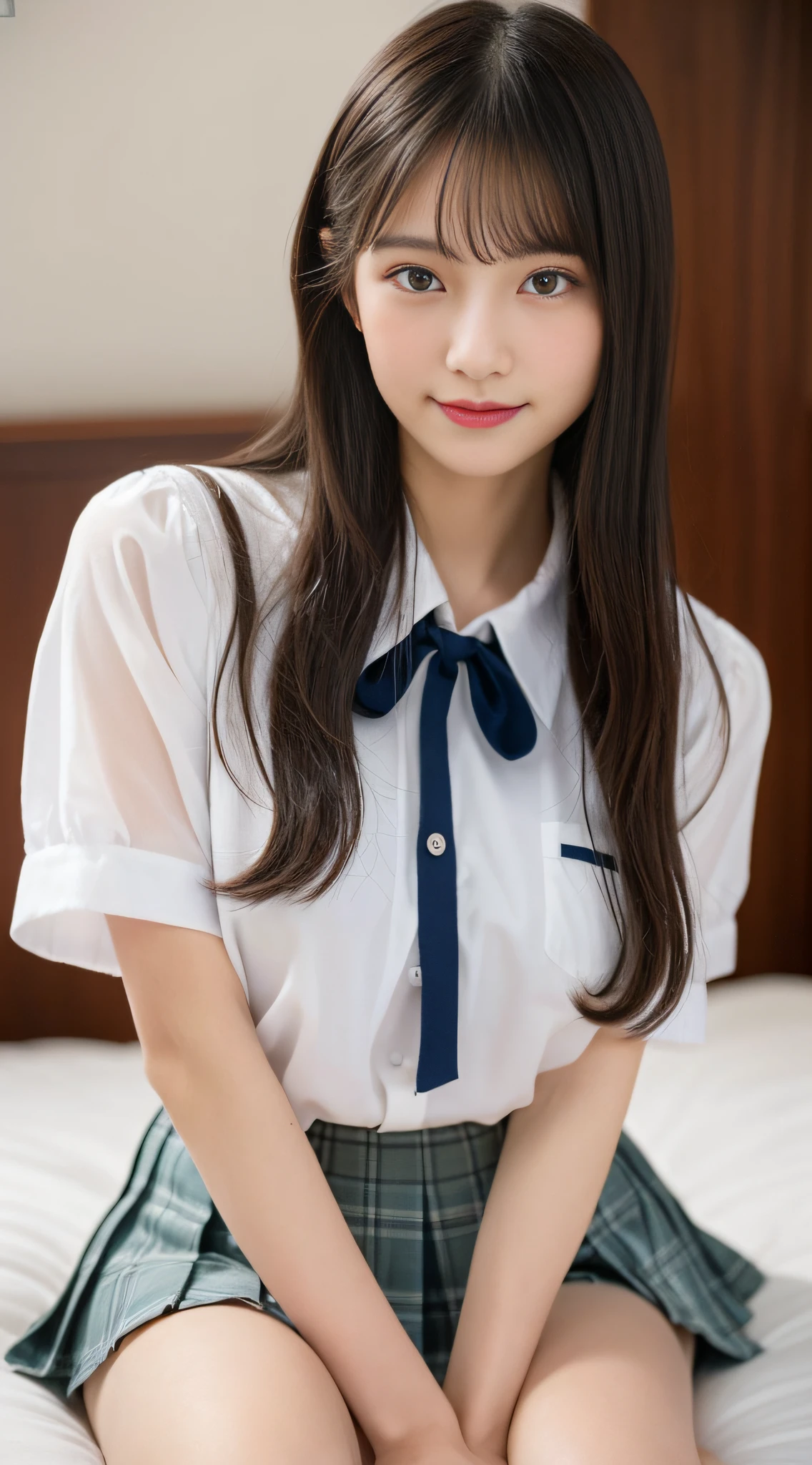 (((32k,high detal,high-detail、masterpiece,Attention to detail,full body Esbian,Lori,独奏))),Raw photo & realistic atmosphere,beautiful dark blue eyes,Detailed mouth,Glossy lips,Detailed eyebrows,Eyes drawn in detail with soft white skin that shines with every detail、Very beautiful eyes with black eyes,Detailed lips、Very beautiful face,Very well-formed face、Lifelike face,shiny beautiful lips,Beautiful eyebrows,Infinite reality,Japan High School Uniform Best Design, Realistic Young Gravure Idol, Very cute high school girl, , japanese girl school uniform,, Young Sensual Gravure Idol, Young Gravure Idol, Beautiful and sexy17 old schoolgirl,the whole body is wet,dripped out,with a flushed face,Incredibly beautiful sexy17 year beautiful girl,The body is dripping wet,Sheer clothing,Hair is wet,Dripping water,dripping,(,bare-legged,,Wet and see-through short-sleeved shirt,Beautiful kind eyes,Looking at the camera:1.5),(Beautiful smooth legs,Exposed thighs,Pull up your buttocks,Gentle smile,well-shaped breasts,,Immature body,Beautiful and sexy schoolgirl unusual design uniform in red and black,semi-long hair of shiny crimson color,,Super emphasis on bare thighs,Sexy dark room bed on bed,White floral short-sleeved shirt,Red Micro Mini Pleated Skirt,Sit on the bed and get down on one knee:1.9)