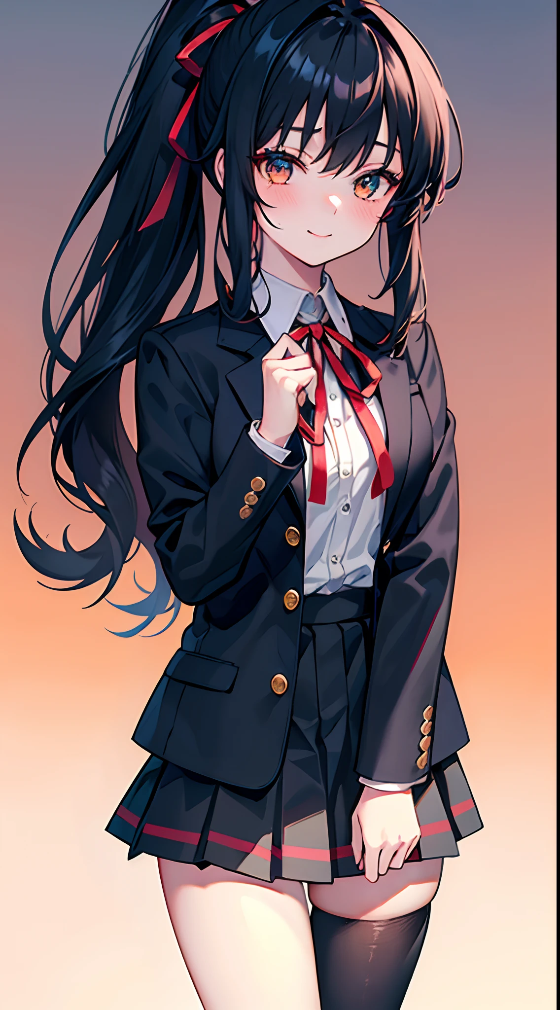 masterpiece, (bestquality), highlydetailed, ultra-detailed, 1girl, bangs, black hair, blue jacket, blush, orange eyes, Amber eyes, Inner pick dye, Blue pick dye, closed mouth, cowboy shot, eyebrows visible through hair, gradient, gradient background, jacket, long hair, long sleeves, looking at viewer, neck ribbon, own hands together, ponytail, red ribbon, ribbon, school uniform,black pantyhoses, shirt, skirt, smile, solo, very long hair