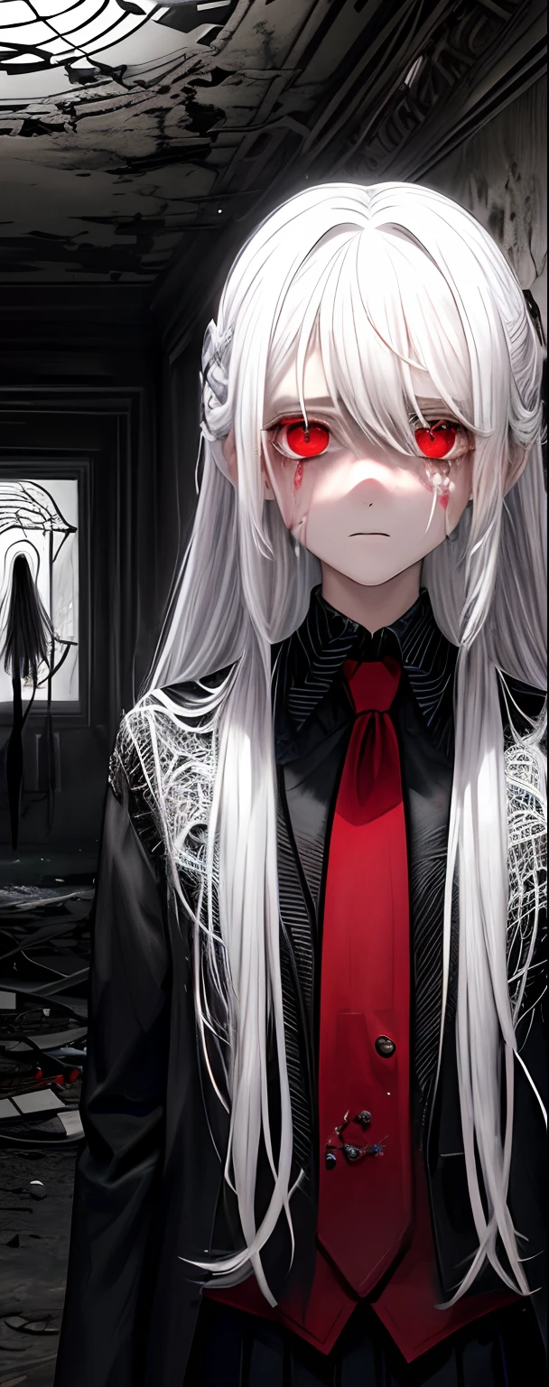 1girll, White hair, Red eyes, (s girl_Shot:1.2), Face focus, Long hair, side locks,Collapsed crying,Extreme panic,After being violated ,Scared,(terrified:1.1) expression, Place one hand behind your back, Atmospheric lighting, Moody, Darkness, In an abandoned old museum, Clear glass display case full of interesting items, Dusty, Post-apocalypse, spiderwebs, masterful, Beautiful 8k wallpaper, Extremely detailed, Intricate,Wear a black and white suit,Broken clothes,Bleeding in the lower body