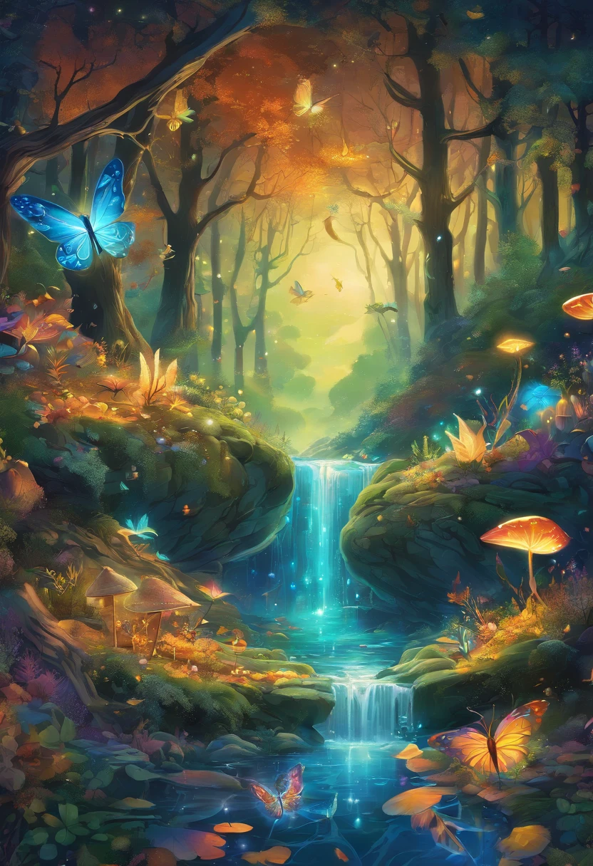 Whimsical forest,autumn colors,fairy goddess,blue glowing spells,fantasy colors,enchanted trees,sparkling mist,magical creatures,ethereal atmosphere,mystical ambiance,magic in the air,enchanted forest floor,magical light rays,twinkling fairy dust,whispering leaves,lush greenery,fairy wings,glowing mushrooms,magical flowers,translucent petals,floating lanterns,glowing fireflies,tranquil pond,majestic waterfall,mythical creatures,harmonious melodies,golden sunlight streaming through tree canopy,charming moss-covered stones,colorful foliage,dreamlike scenery,magical aura,peaceful serenity,whimsical imagination,dancing shadows,magical secrets hidden within the woods