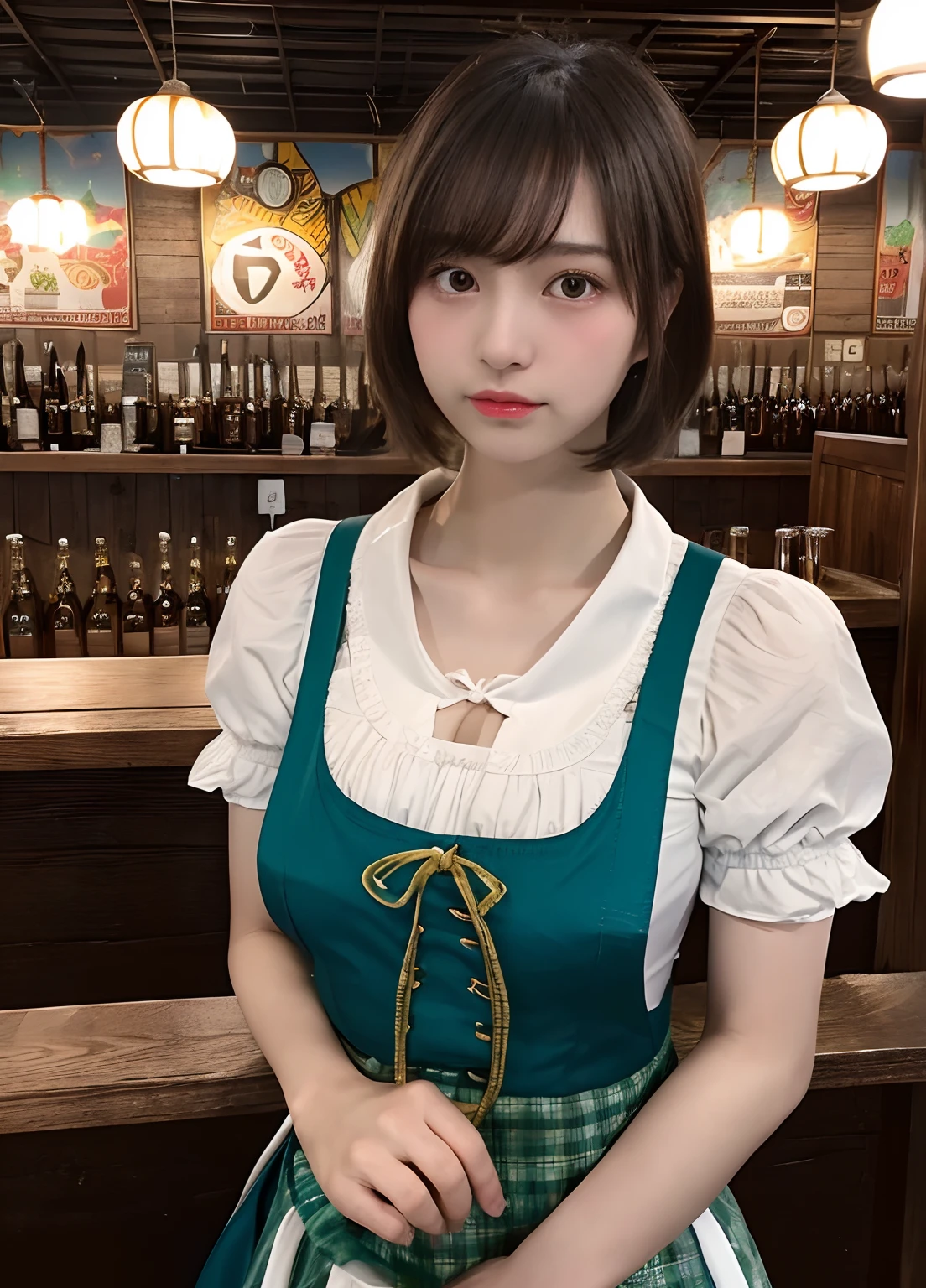 (delicate illustration:1.3),(masterpiece:1.0), (best quality:1.4), (ultra highres:1.2), (photorealistic:1.5), (cinematic),high contrast, bokeh, (hdr:1.4), dramatic lighting, sidelighting, (8k, RAW photo:1.2), (sharp focus:1.3), (((full body))),(film gain:0.9), (vhsbvideo:0.8), (analog film photography:0.8), lomography, HOLGA, HOLGA DIGITAL, BANZART ZIEGEL, Lomo LC-A 120, EKTACHROME E100,view from side,
break,
(23yo:1.4),(((1girl , bustling beer half))),(wearing detailed dirndl, apron :1.3),((brown contacts, sweaty colored skin)) ,huge breast, cleavage, open mouth, bangs:1.5,airly wavy short bob cut, messy hair,woman, socks, pumps, 
break,
((background is detailed beer hall in oktoberfest, crouded, autumn)),round face, (baby face),no-makeup,beautiful detailed eyes, tareme, (small eyes),thin_eyebrows,(face focus), slim, slender waist, thin leg, converse sneakers,  (japanese famous actress),(cute), (beautiful),eye bags,