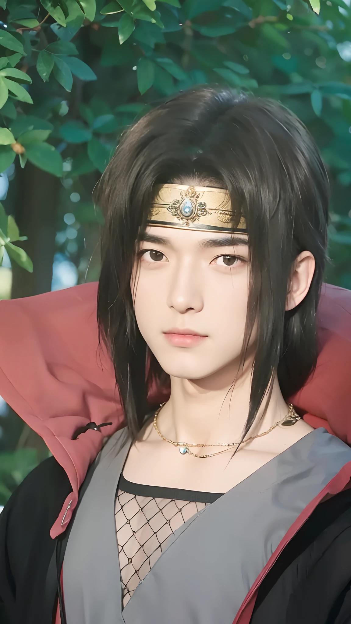 Real life adaption of this character,adult handsome man, realistic same outfit, realistic black hair, realistic same necklace, realistic headband, realistic light, realistic shadow, realism, hyper realistic,(photorealistic:1.2)