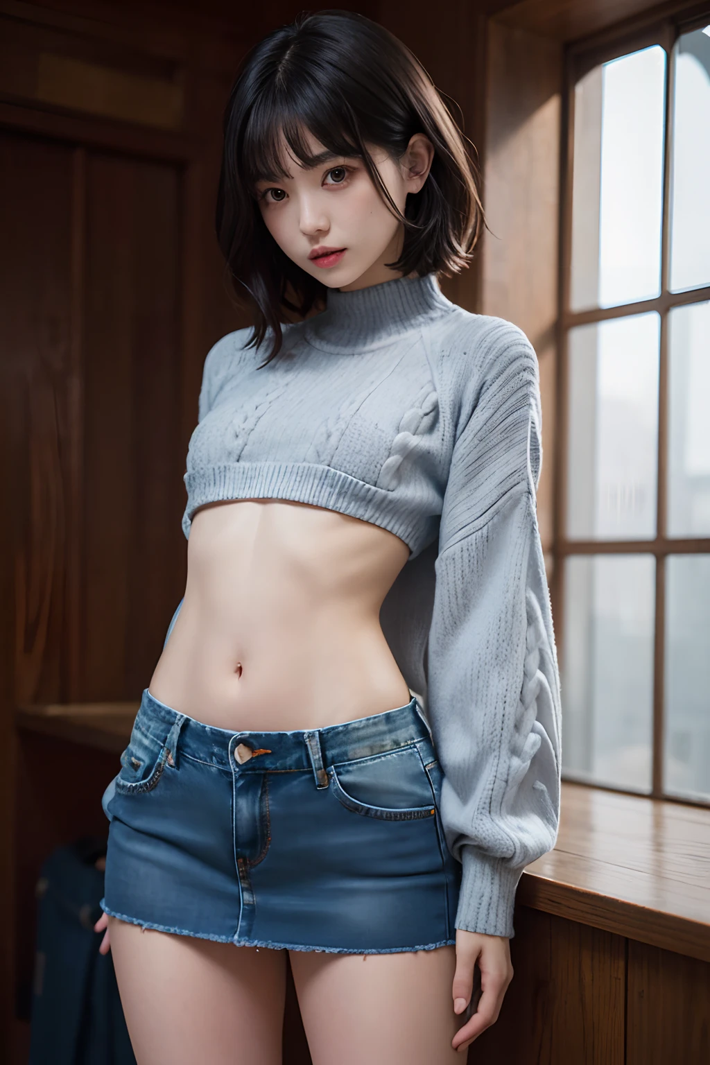 (masuter piece:1.3)、(8K、Photorealsitic、Raw photography、top-quality: 1.4)、(1girl in)、beautiful countenance、(Lifelike face)、(A dark-haired、short-hair:1.3)、Beautiful hairstyle、realisticeyes、Beautiful details、（real looking skin）、Beautiful skins、absurderes、enticing、超A high resolution、A hyper-realistic、high-detail、the golden ratio、((wide open abdomen))、((open abdomen))、((wide open navel))、((open navel))、((Mid-Riff Sweater))、((Ultra-low rise、Denim Mini Skirt))、、((Navel Ejection))、Full body depiction、(Ultra-low rise))、((Denim Mini Skirt))、is standing、