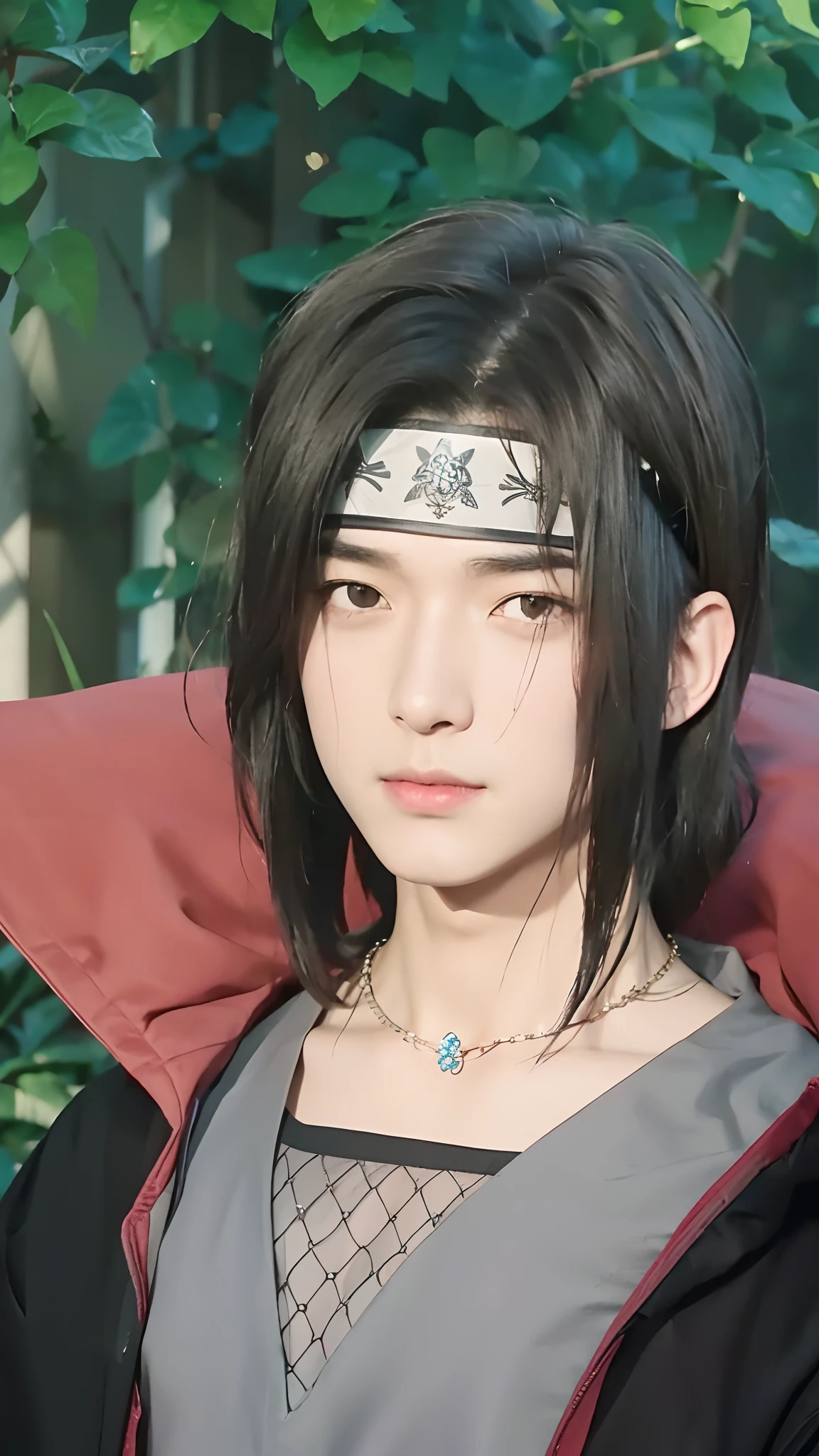 Real life adaption of this character,adult handsome man, realistic same outfit, realistic black hair, realistic same necklace, realistic headband, realistic light, realistic shadow, realism, hyper realistic,(photorealistic:1.2)