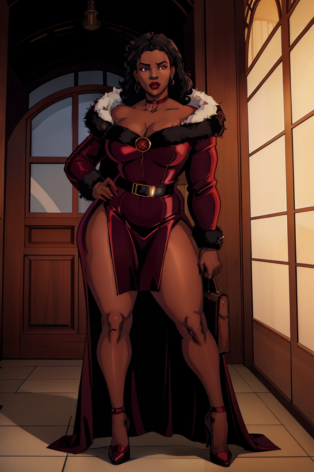 Best quality, solo mature woman, dark brown skin, curly black hair, red velvet eyes, full lips, seductive, slutty satin dress, long piercing, black choker, red sunglasses, fur coat, expensive purse, chubby physique, thick thighs