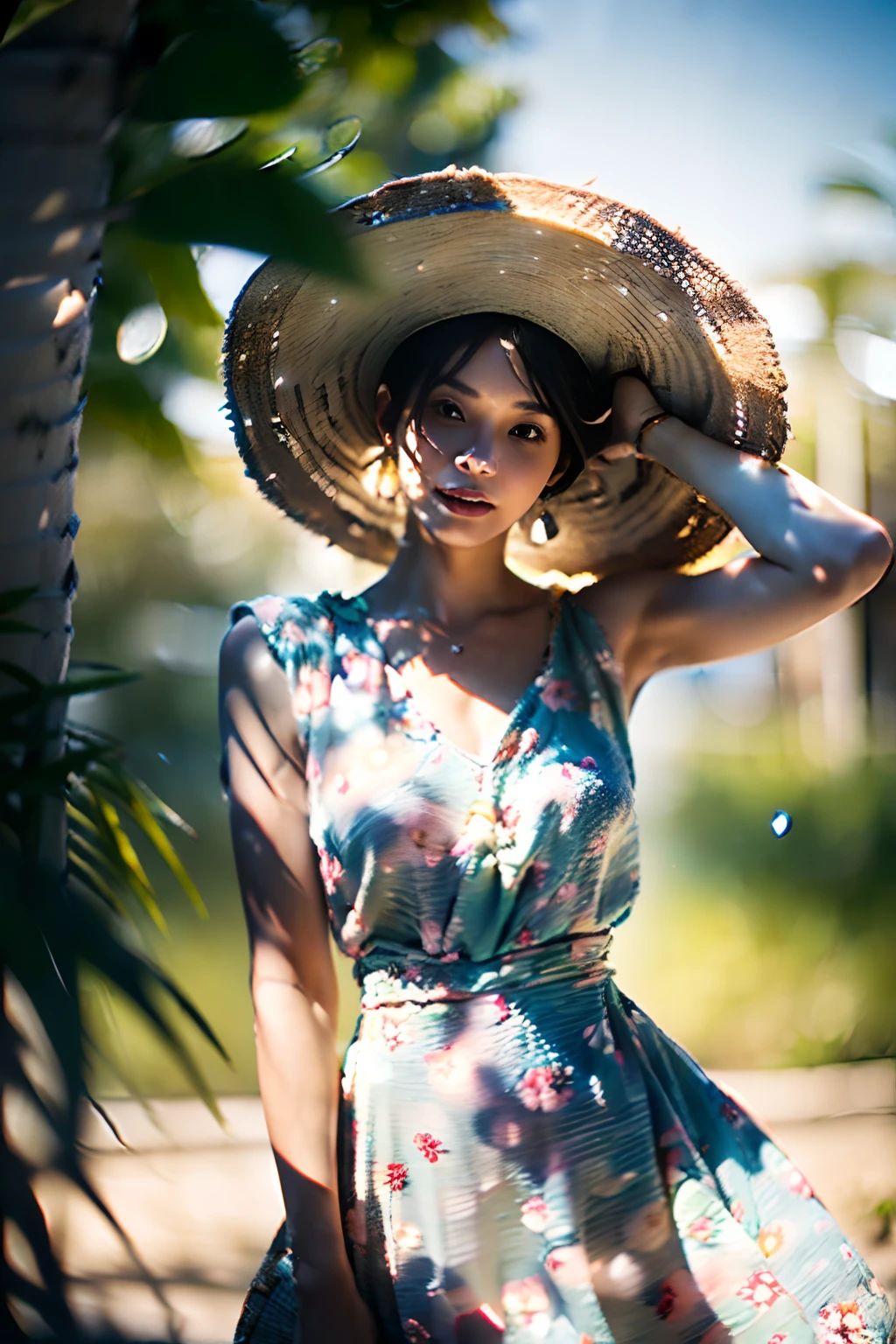 (1girl surrounded by soft_light:1.5), (backlighting:1.8), (lighting),(flowing fabric:1.3), ((Floral_summer_dress:1.5),(Straw_hat:1.3)),
(masterpiece), realistic, HDR, highly detailed, 8k, raw photo, ambient occlusion, natural, harmonious composition, warm tones, fine art photography,