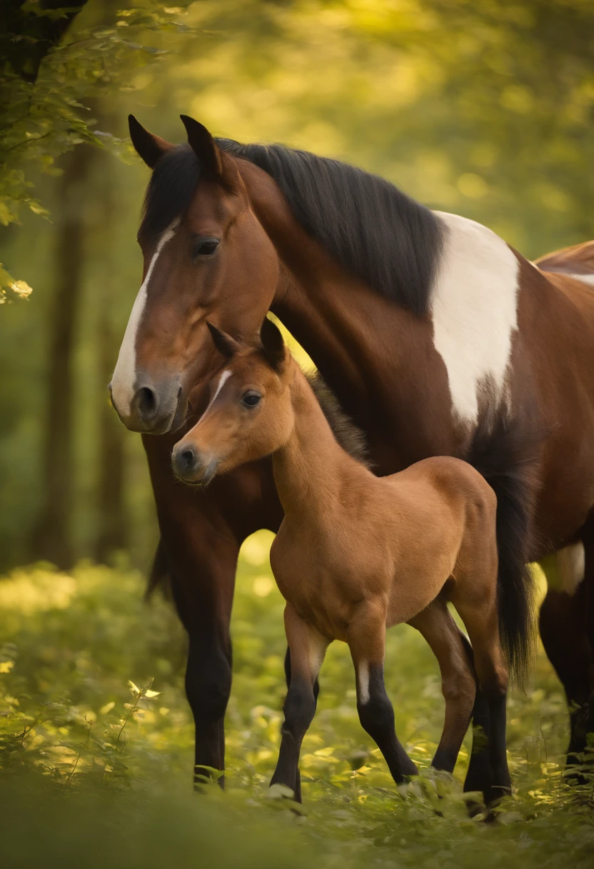 Portrait of a "Create a vivid, picturesque scene that captures the ethereal beauty of a magnificent Mustang horse standing proudly in a lush, serene forest clearing. The golden rays of a gentle dawn sun filter through the dense canopy of towering, ancient trees, creating a breathtaking interplay of light and shadow. The forest is a harmonious blend of emerald green foliage, adorned with dew-kissed leaves that glisten like a thousand diamonds in the soft, early morning light.
In the center of this idyllic setting, the Mustang mare, her coat a rich chestnut hue, stands regally with a sense of serene confidence. Her muscular frame exudes strength and grace, and her eyes, deep and soulful, radiate a sense of maternal devotion and wisdom. By her side, nestled within a bed of wildflowers and soft ferns, lies her newborn foal. The foal is a testament to new life, its coat a pristine ivory with delicate, caramel-colored patches, its spindly legs still wobbly from birth.
The mother and her foal share a tender moment; the mare gently nuzzles her offspring, while the foal, with an air of innocence, gazes up at its mother with a mixture of wonder and trust. In the background, the forest stretches out, its ancient trees adorned with moss and dappled with sunlight, creating a sense of timelessness and natural harmony. The soft murmur of a forest stream can be heard in the distance, adding a soothing soundtrack to this enchanting moment in the heart of the wilderness.
The entire scene exudes tranquility, capturing the essence of the wild and the profound bond between mother and child in the most beautiful of settings. It's a breathtaking display of nature's splendor and the miracle of life in a pristine, unspoiled forest bathed in the soft, golden glow of dawn."